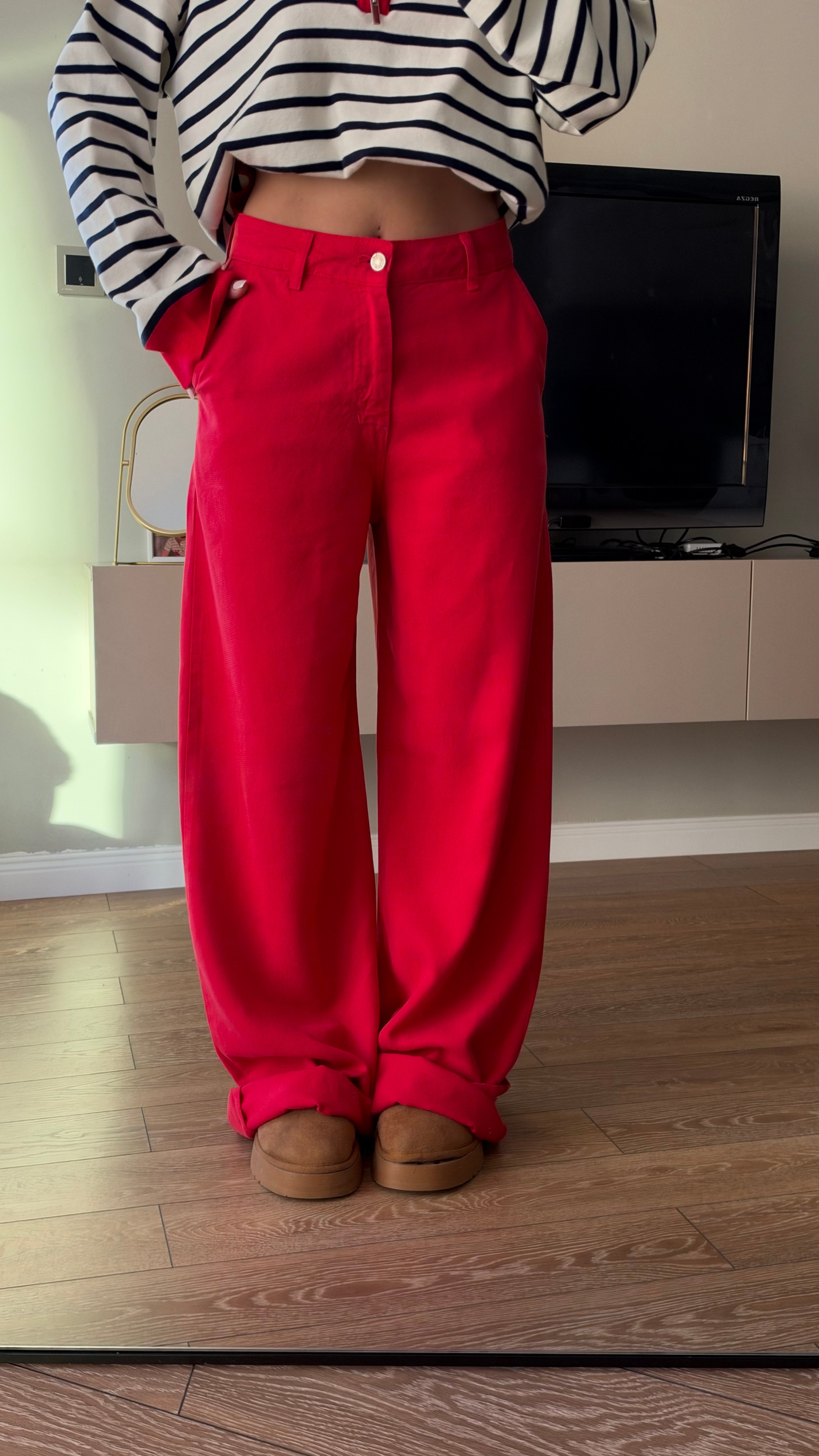 Kırmızı %100 Tensel Jean Pantolon