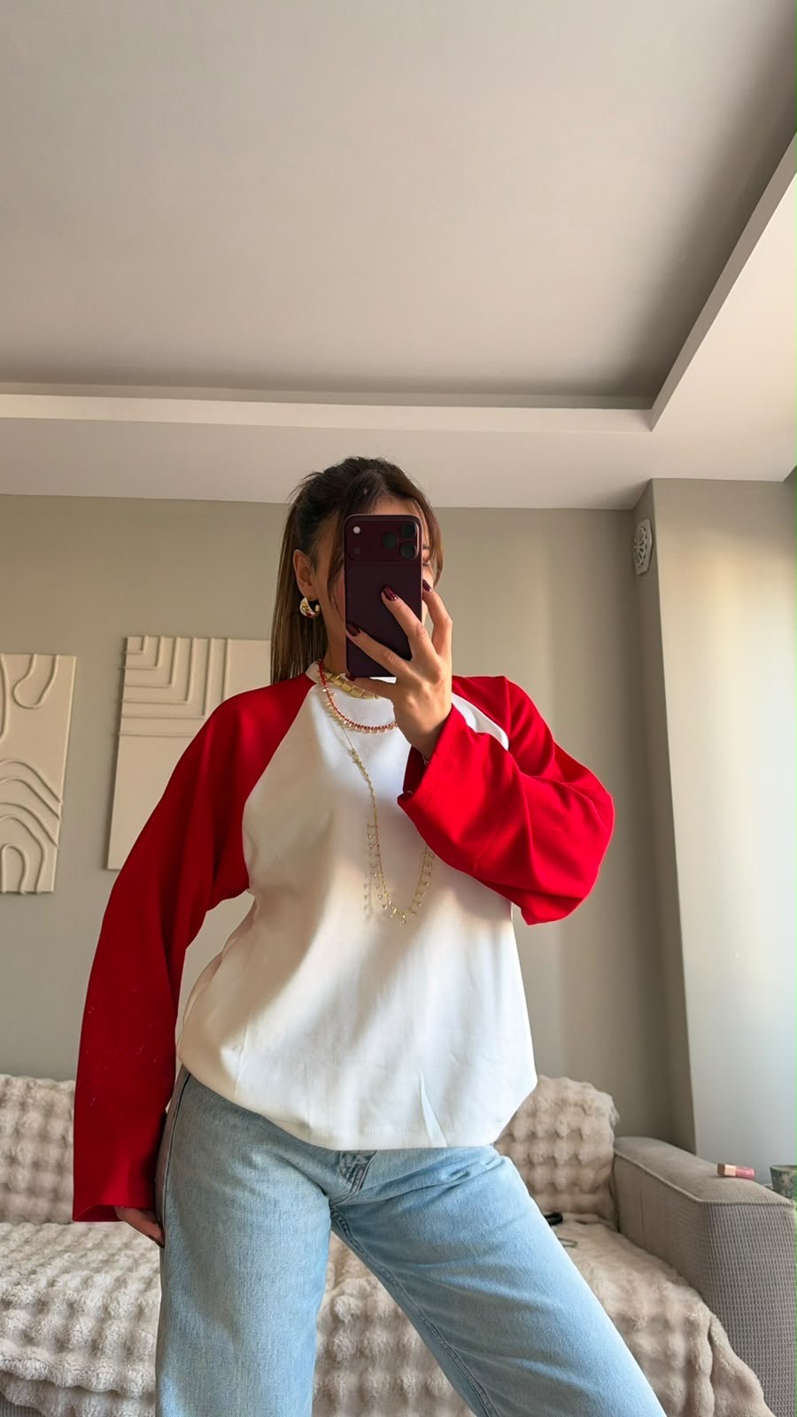 Kırmızı Beyaz Raglan Kol Oversize Sweatshırt