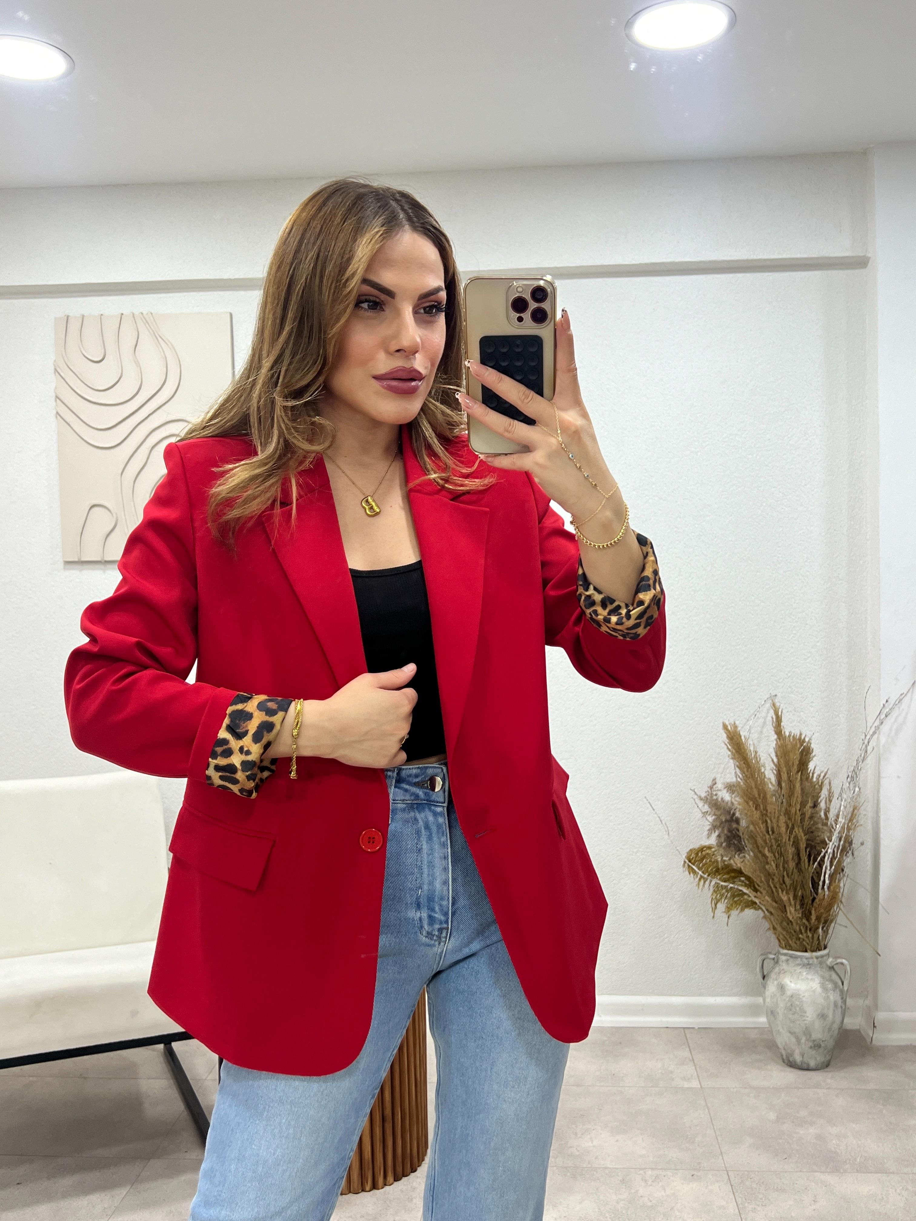 Kirmizi Kollari Leoparli Blazer Ceket