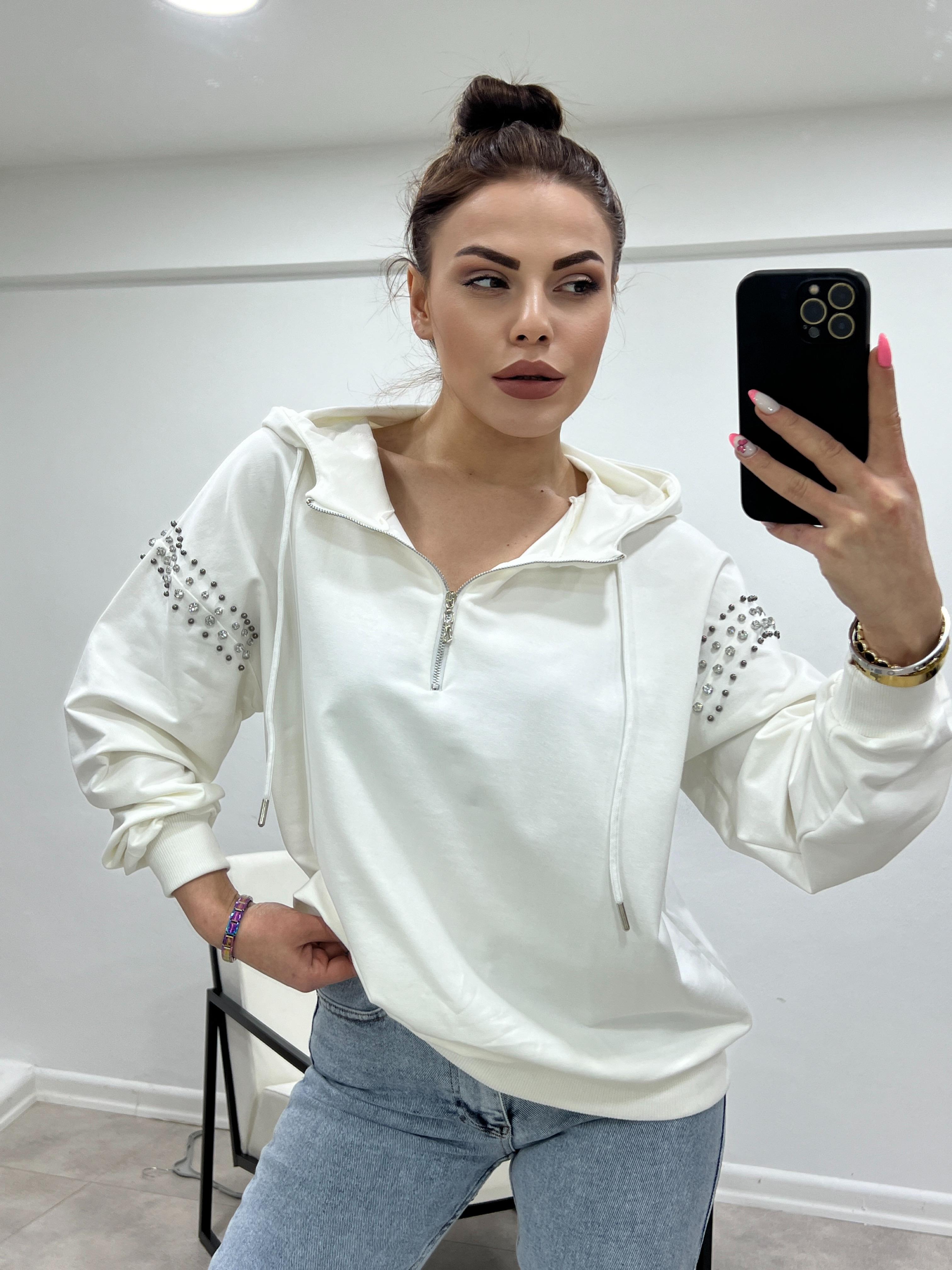 Kollari Taşli Kapşonlu Sweat Ekru
