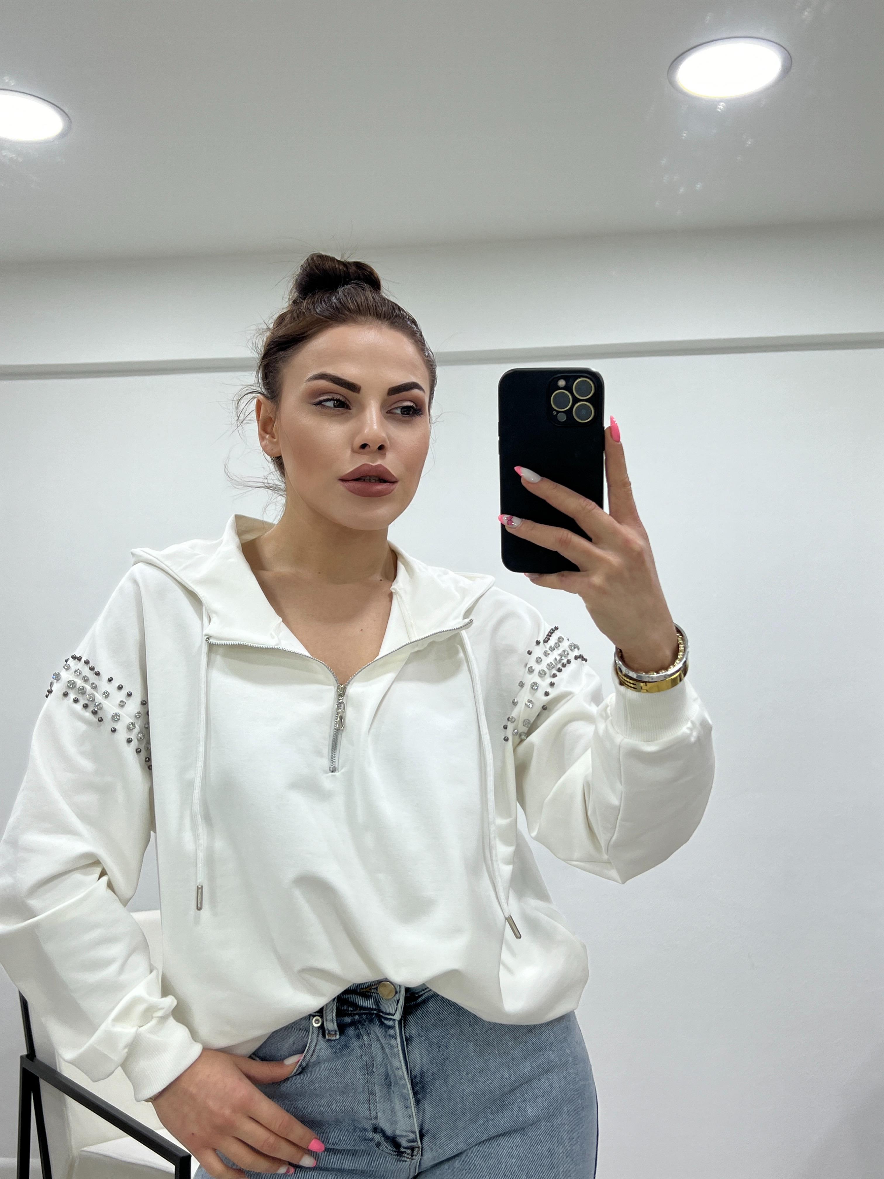 Kollari Taşli Kapşonlu Sweat Ekru