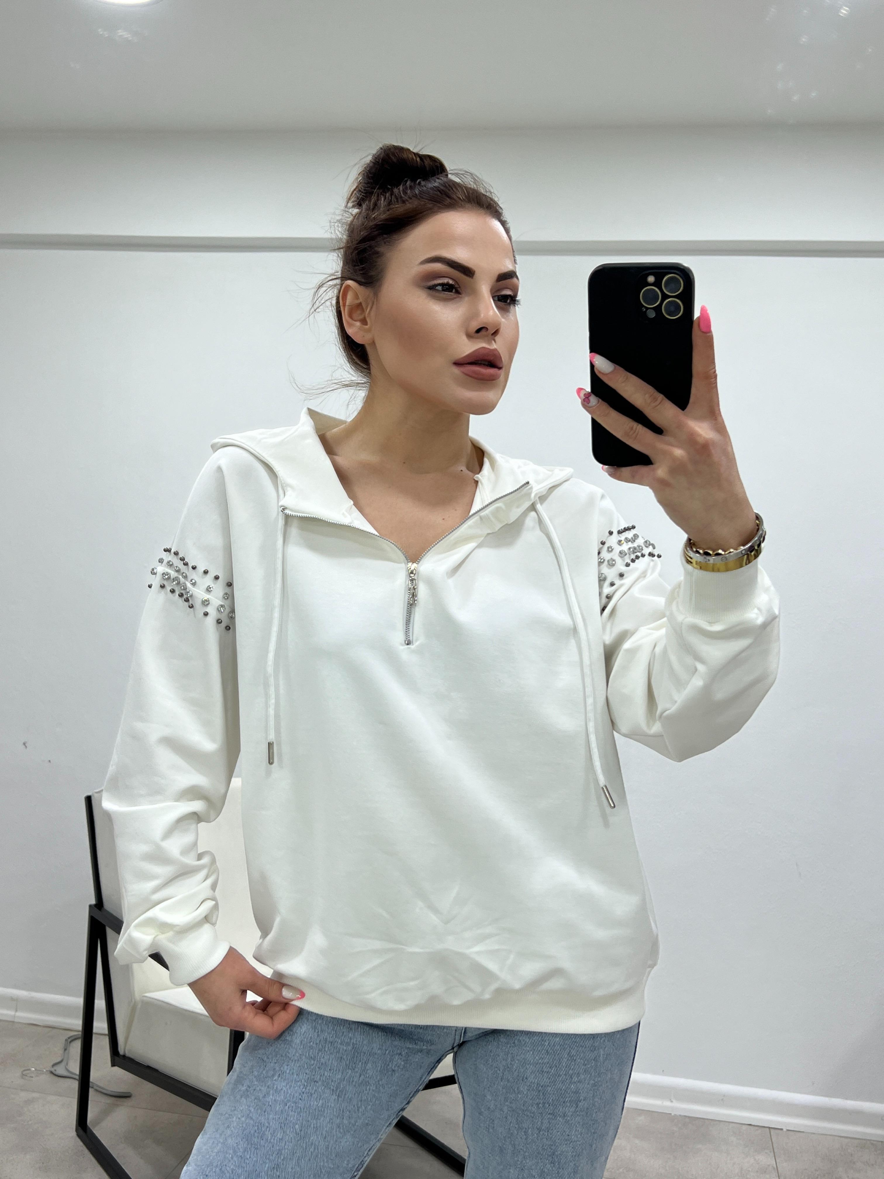 Kollari Taşli Kapşonlu Sweat Ekru