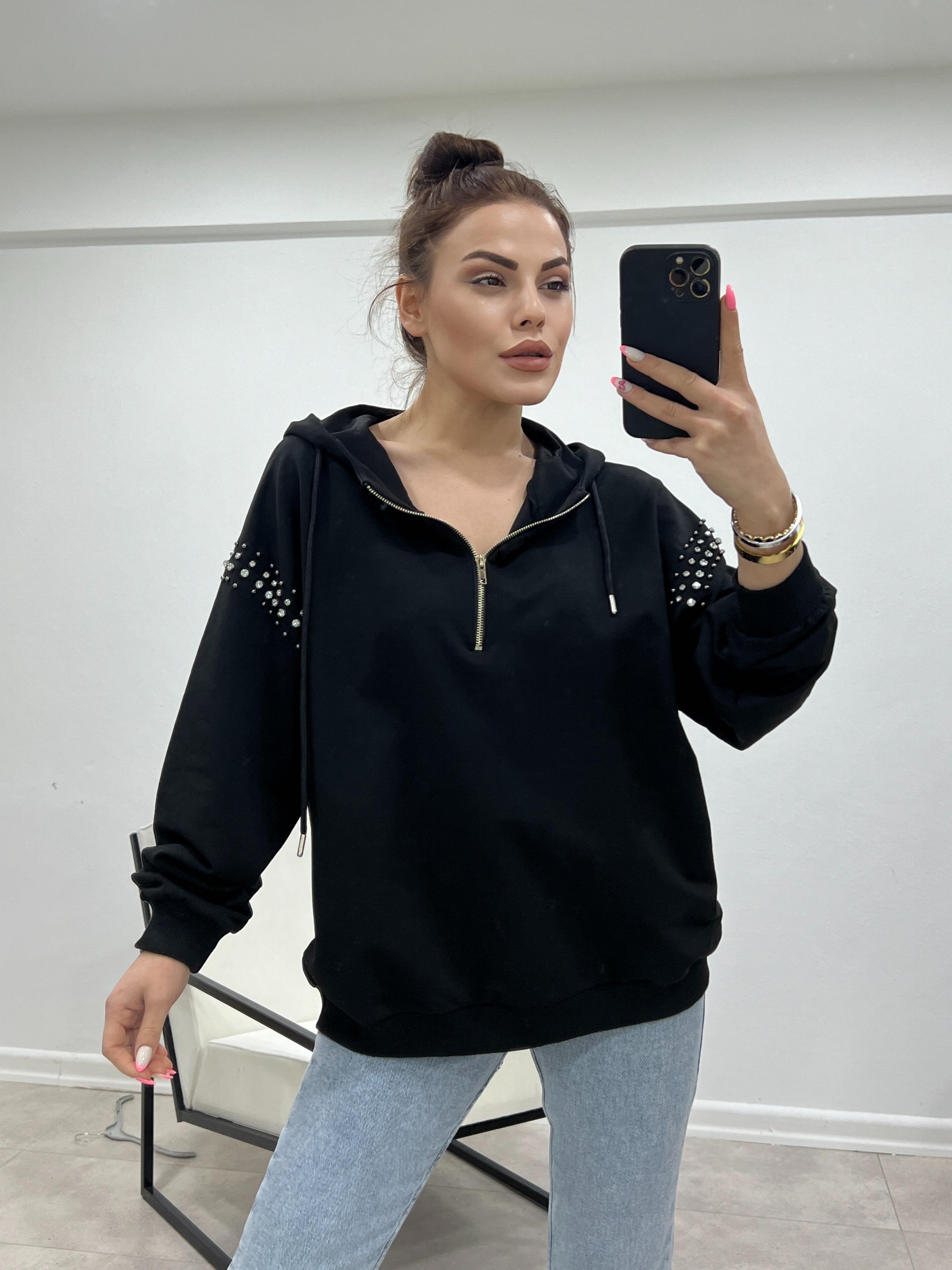 Kollari Taşli Kapşonlu Sweat Si̇yah