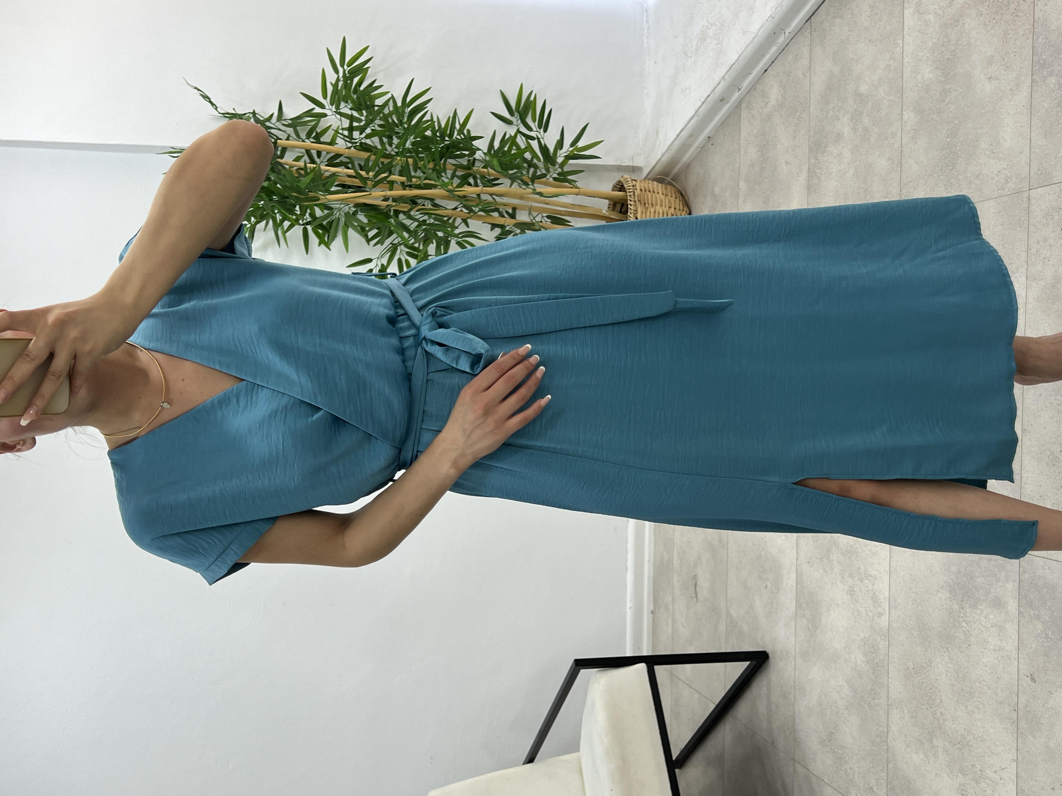 Kuşakli Premium Kali̇te Midi Boy Elbi̇se Mavi̇
