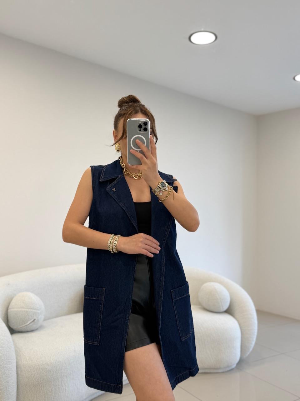 KUŞAKLI UZUN DENİM YELEK KOYU LACİVERT 