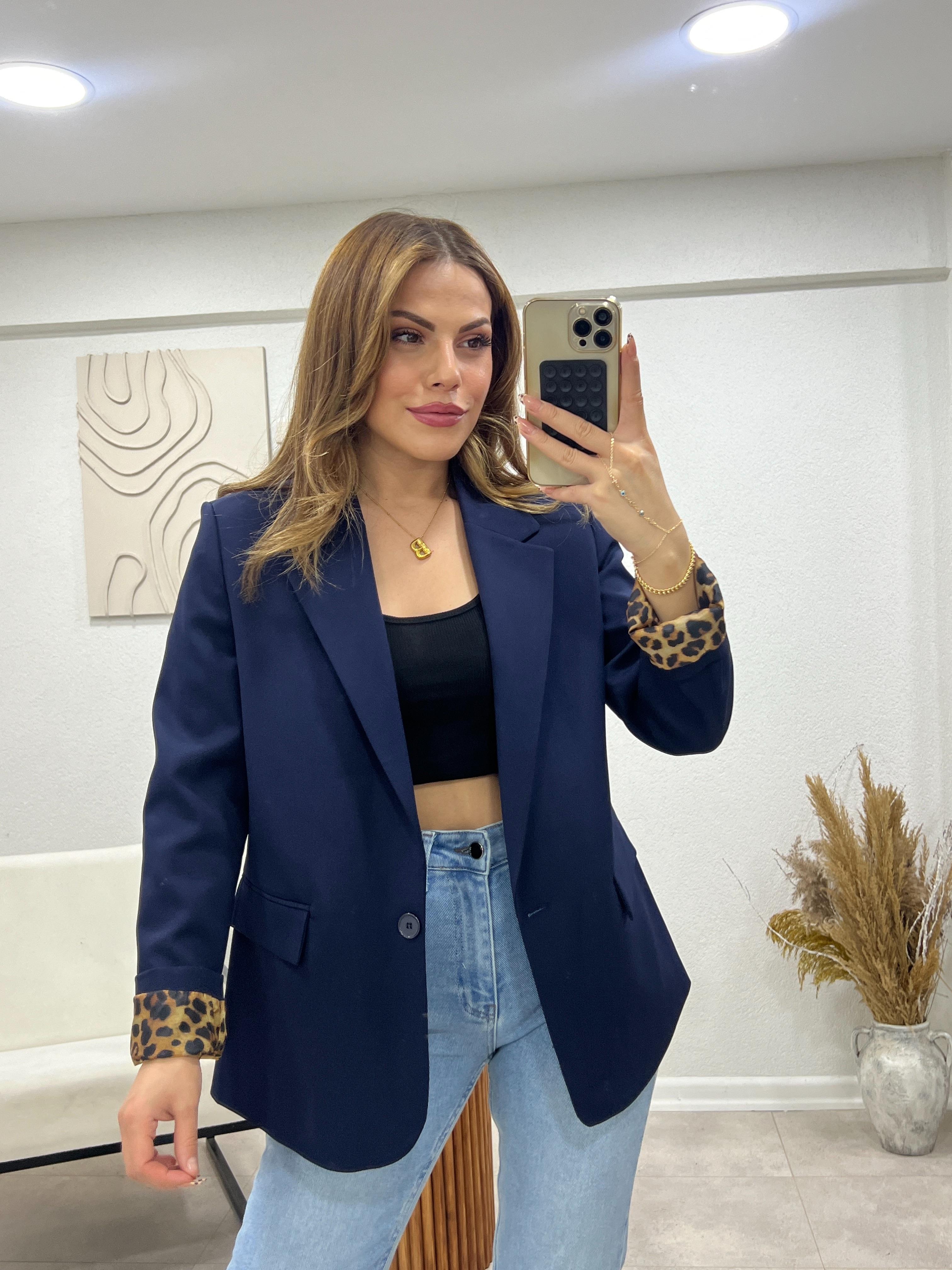 Laci̇vert Kollari Leoparli Blazer Ceket