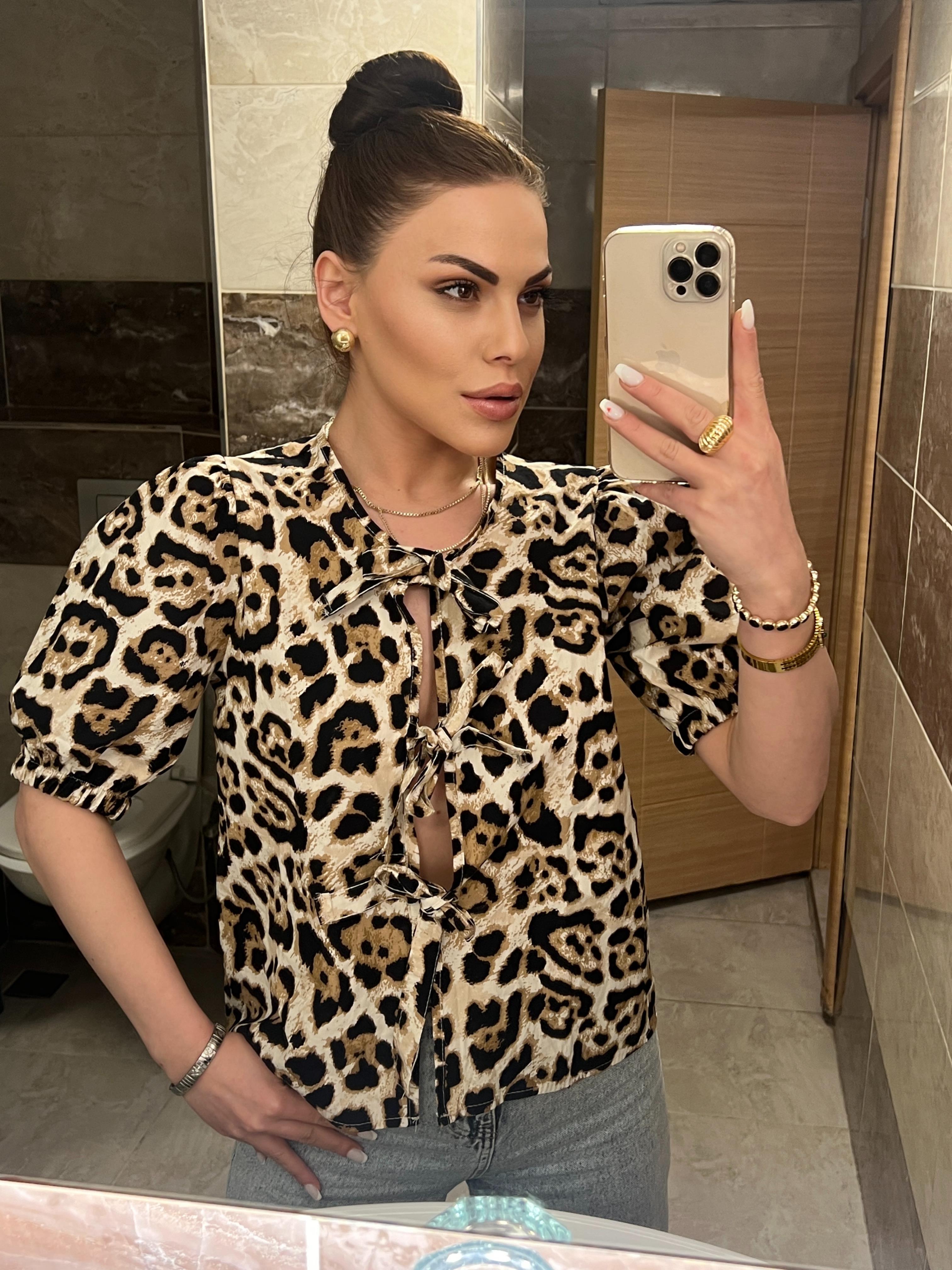 Leopar Bağlamali Gömlek Bluz