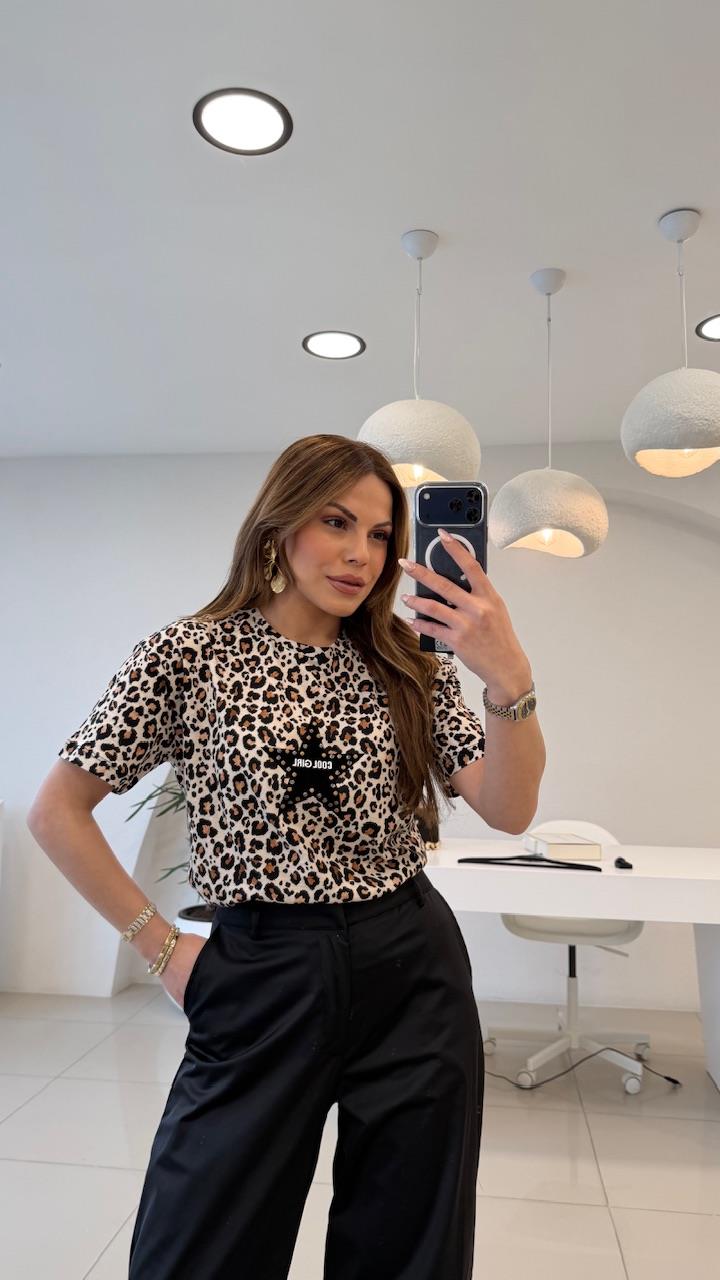 LEOPAR DESEN ÖNÜ YILDIZLI THSIRT