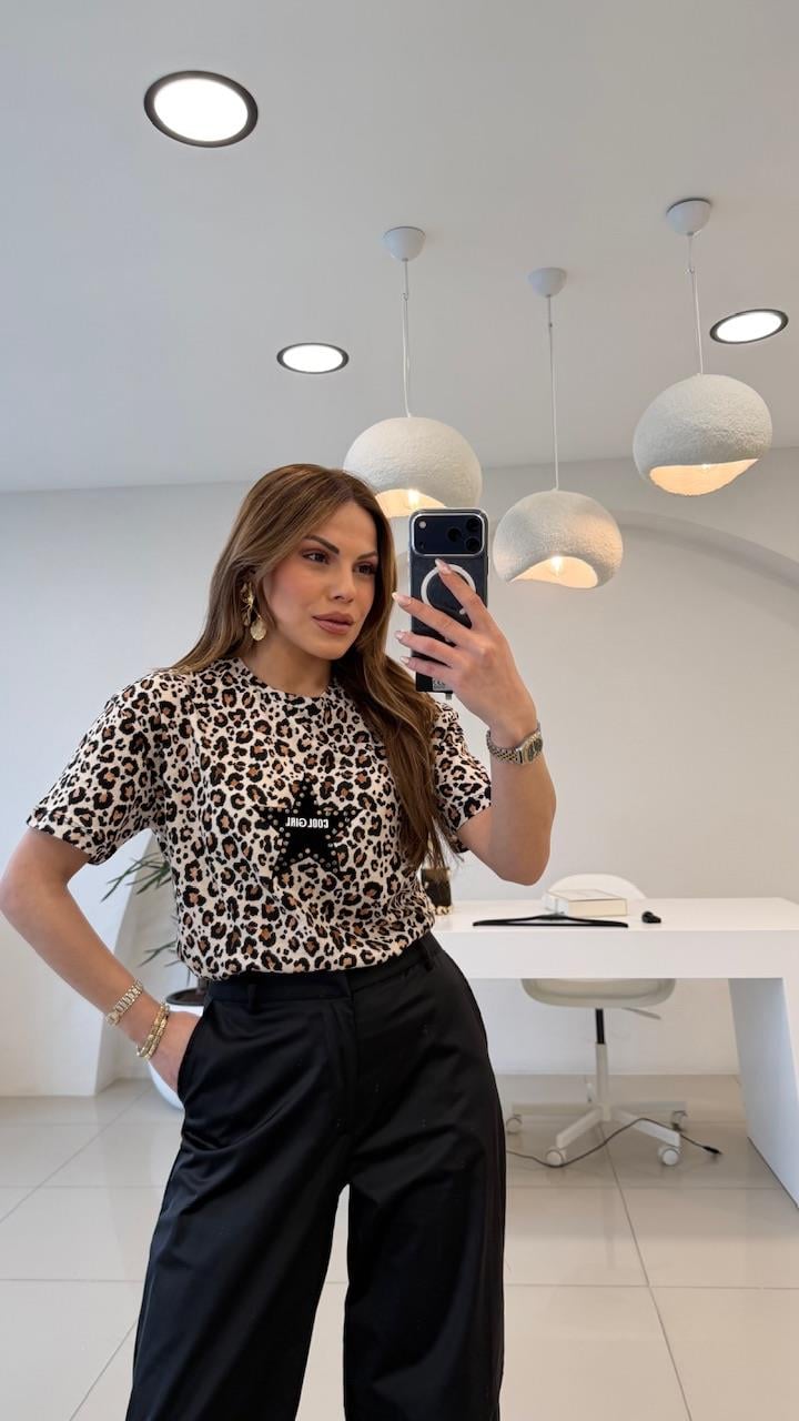 LEOPAR DESEN ÖNÜ YILDIZLI THSIRT