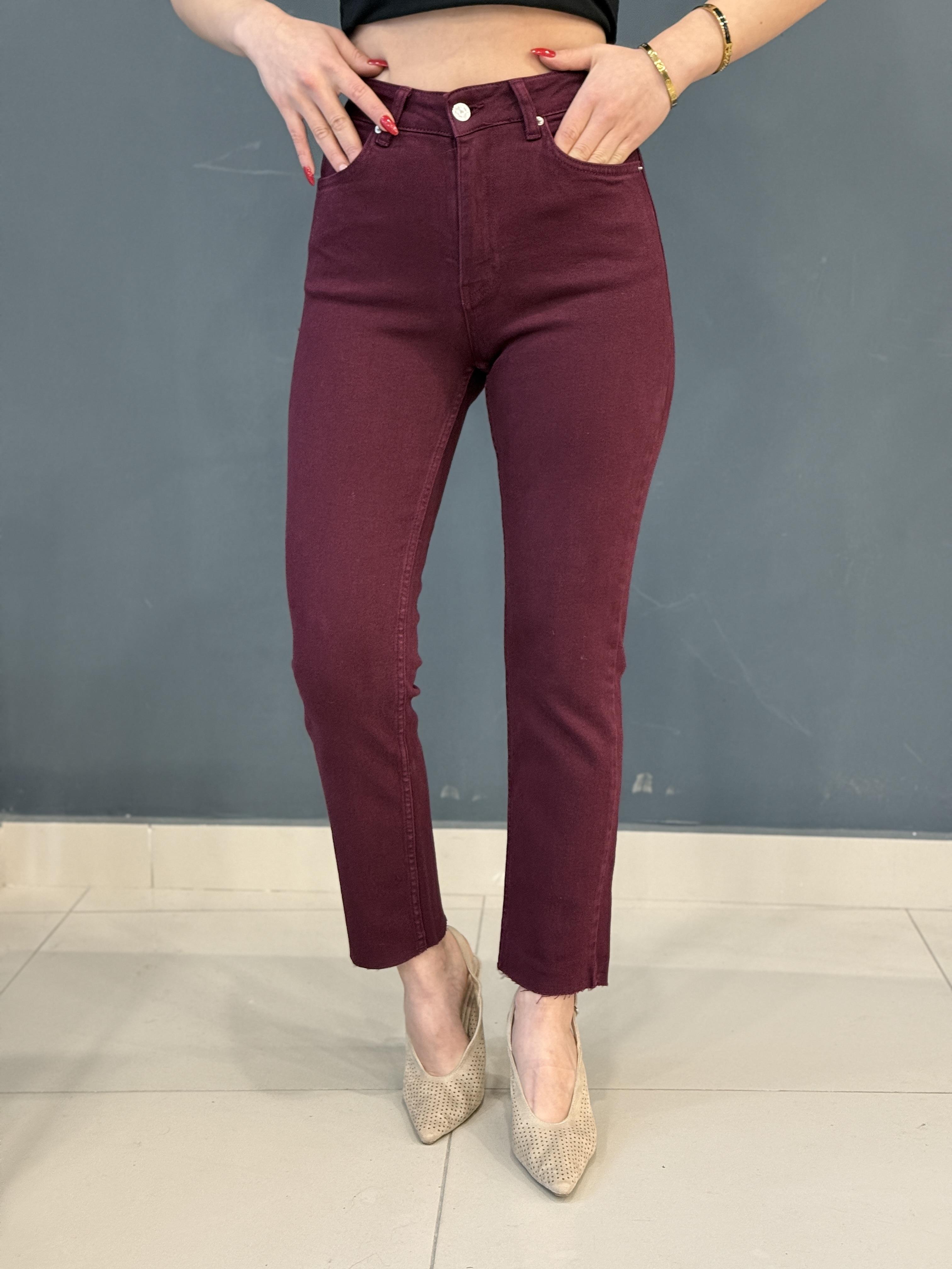 Bordo Likralı Mom Jean