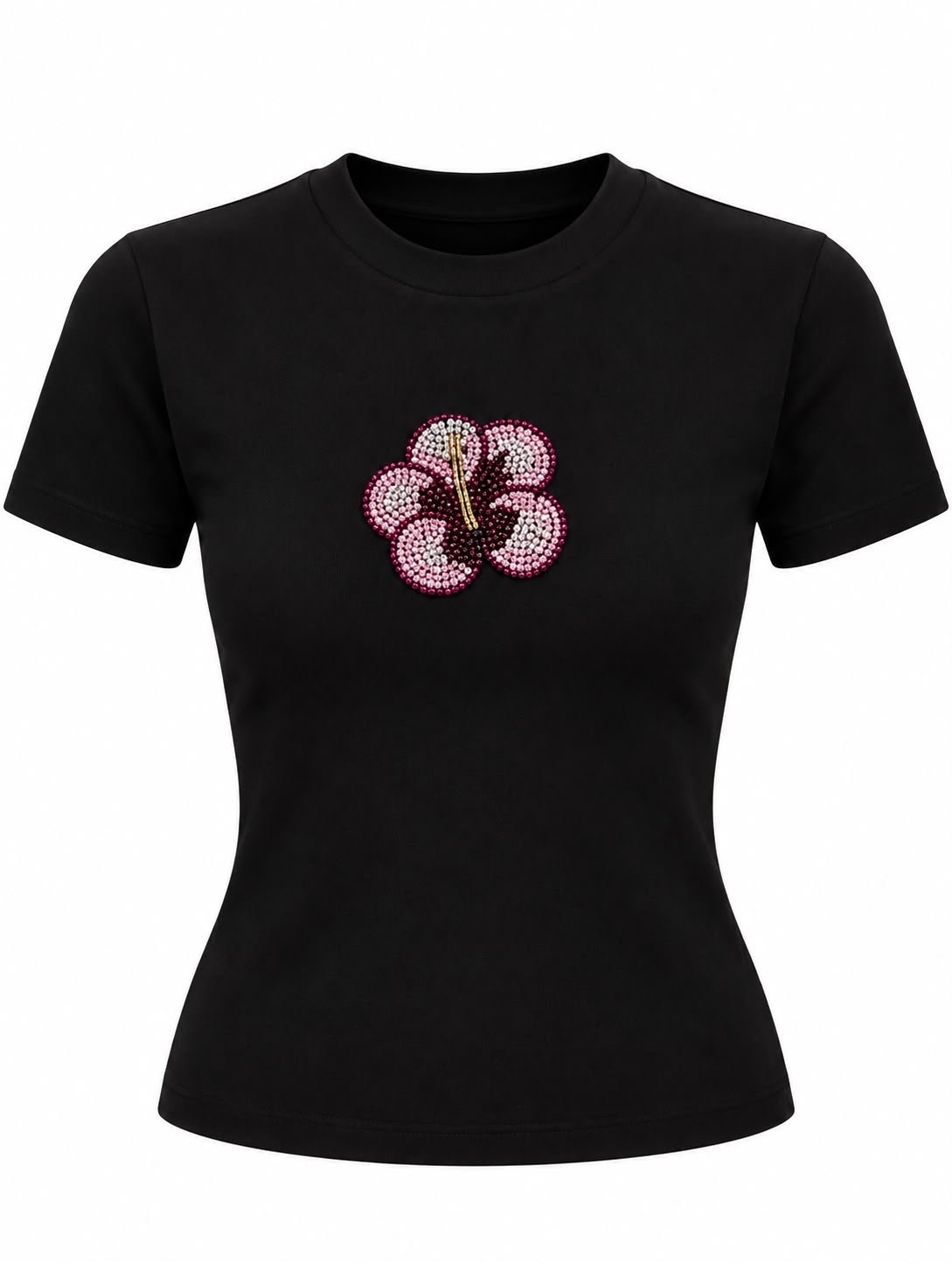 Lotus Boncuk Nakışlı Kısa Kol Triko Siyah