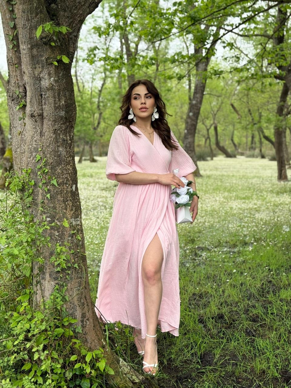 MÜSLİN KETEN UZUN ELBİSE PEMBE