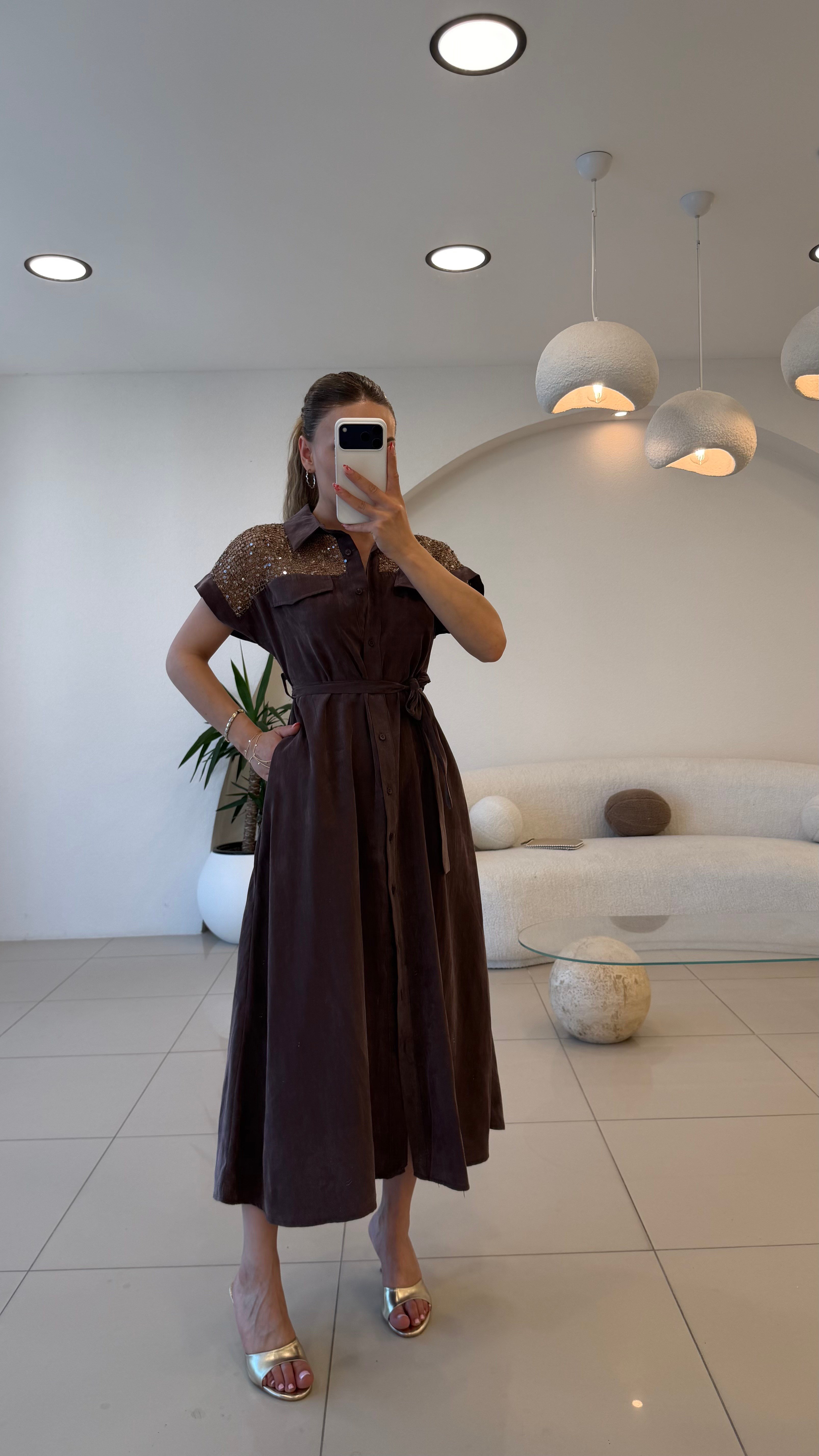 OMUZ FİLE DETAYLI GÖMLEK ELBİSE MÜRDÜM