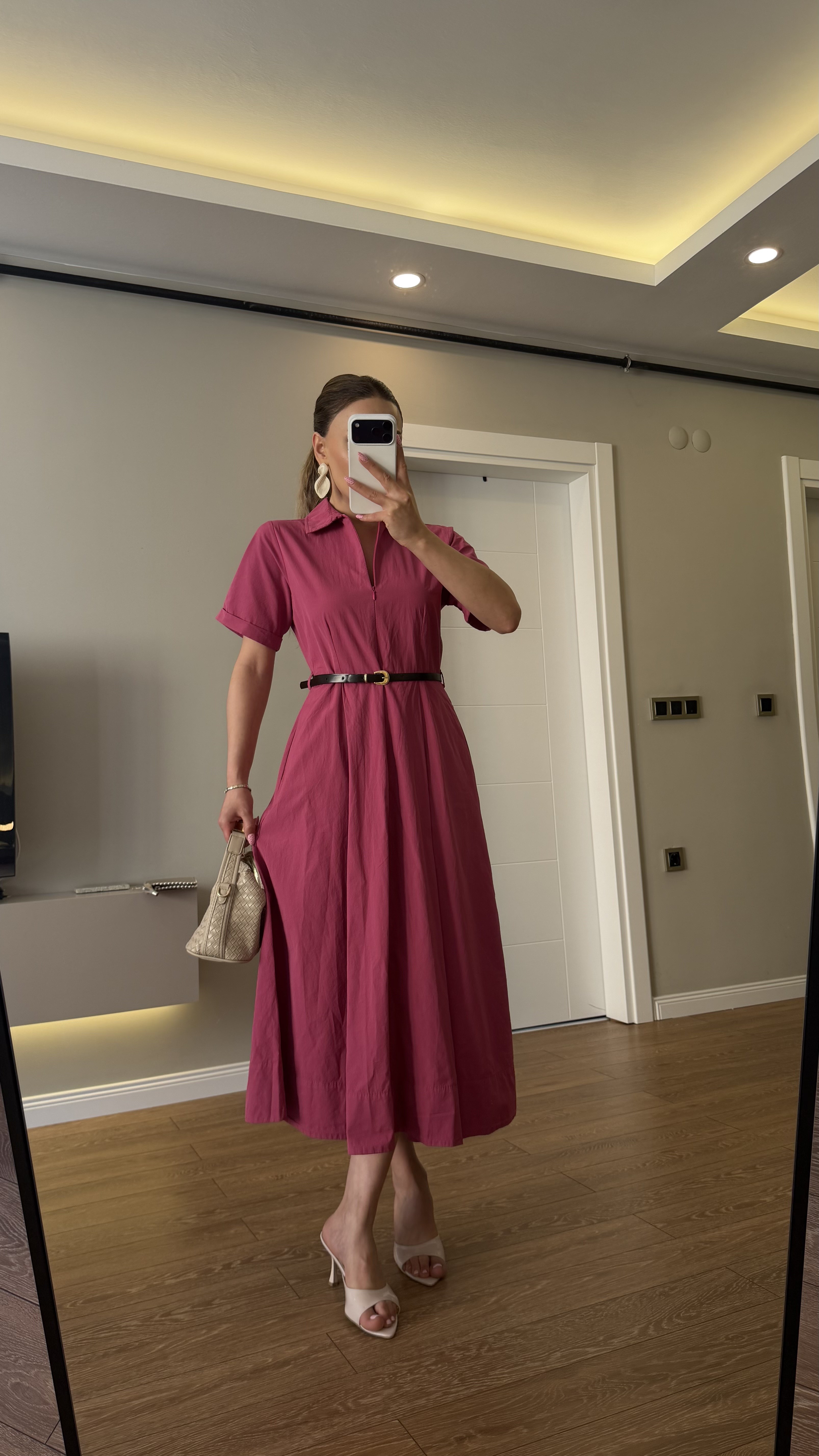 Önden Fermuarlı Kemerli Elbise  Pembe