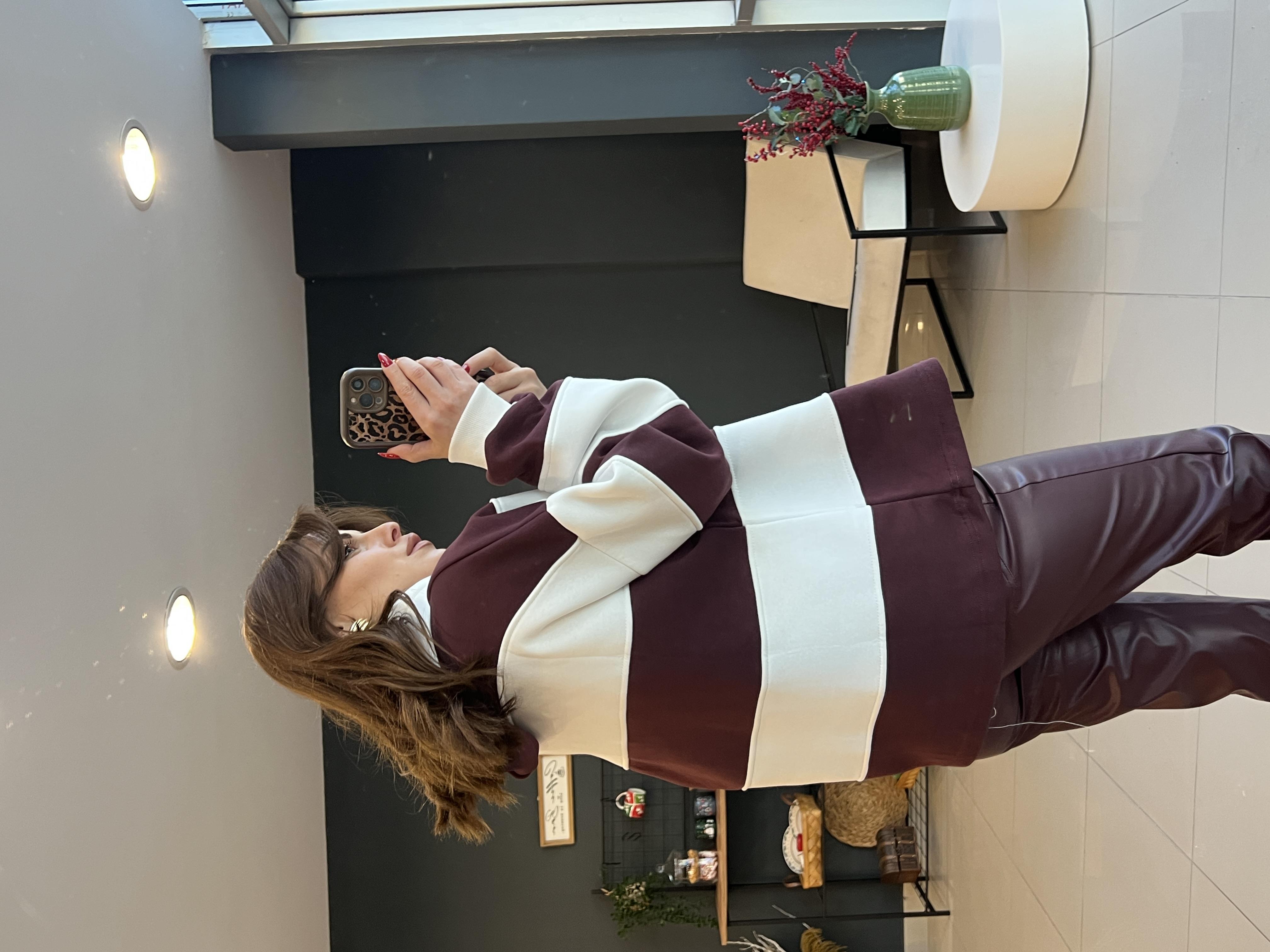 Kapşonlu Bordo Çi̇zgi̇li̇ Sweat