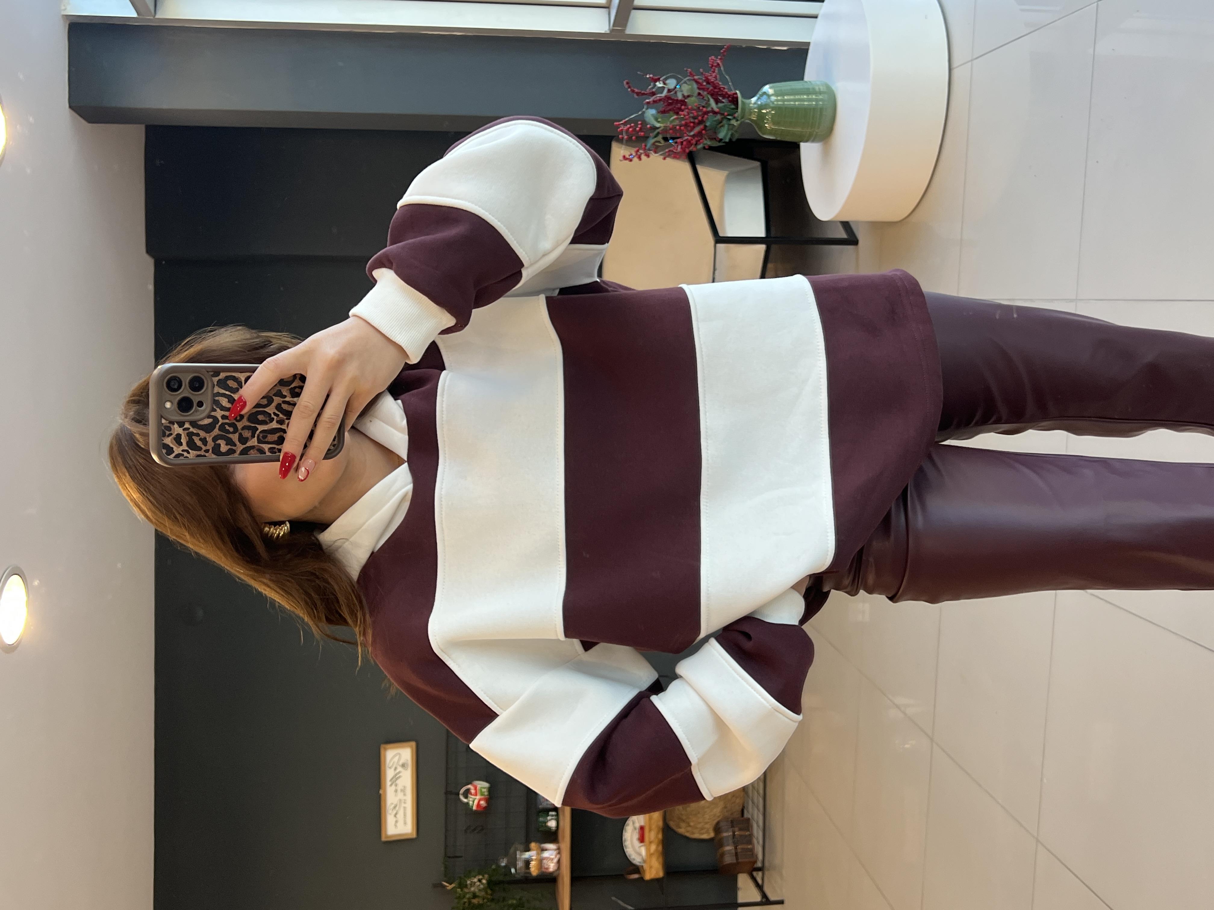 Kapşonlu Bordo Çi̇zgi̇li̇ Sweat