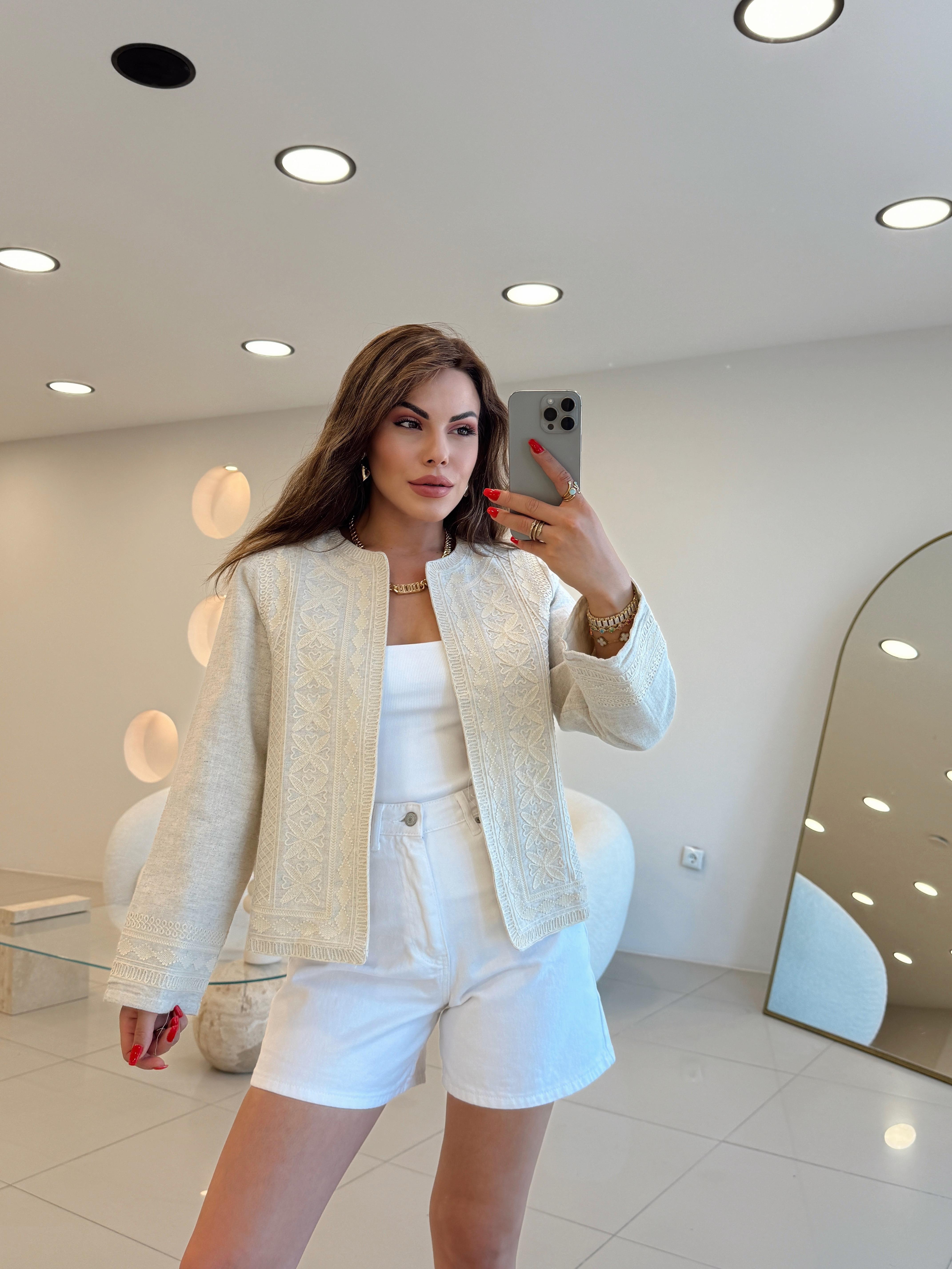 ETNİK DESEN EKRU CEKET
