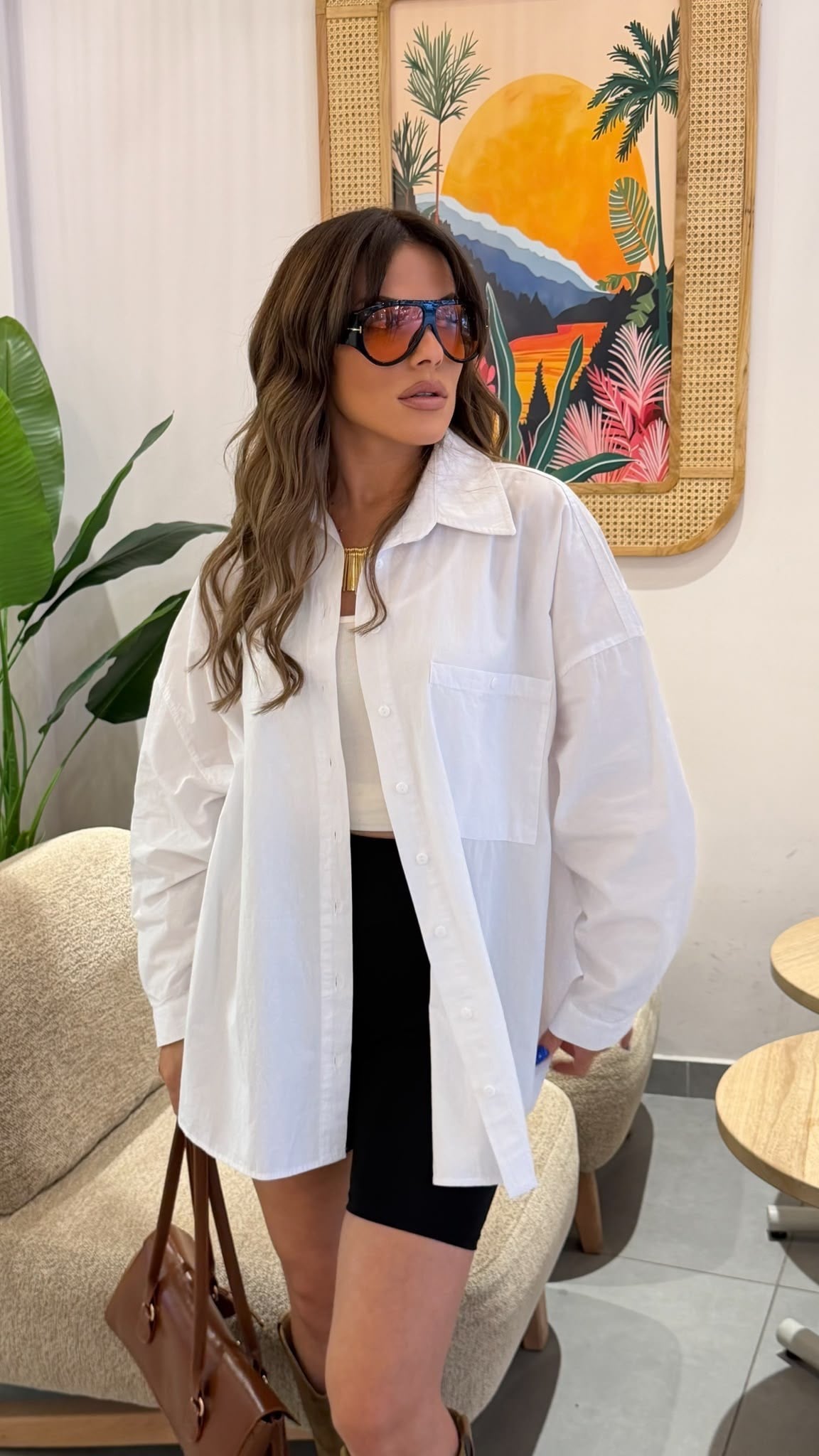 Oversize Cepli Pamuklu Poplin Gömlek Beyaz