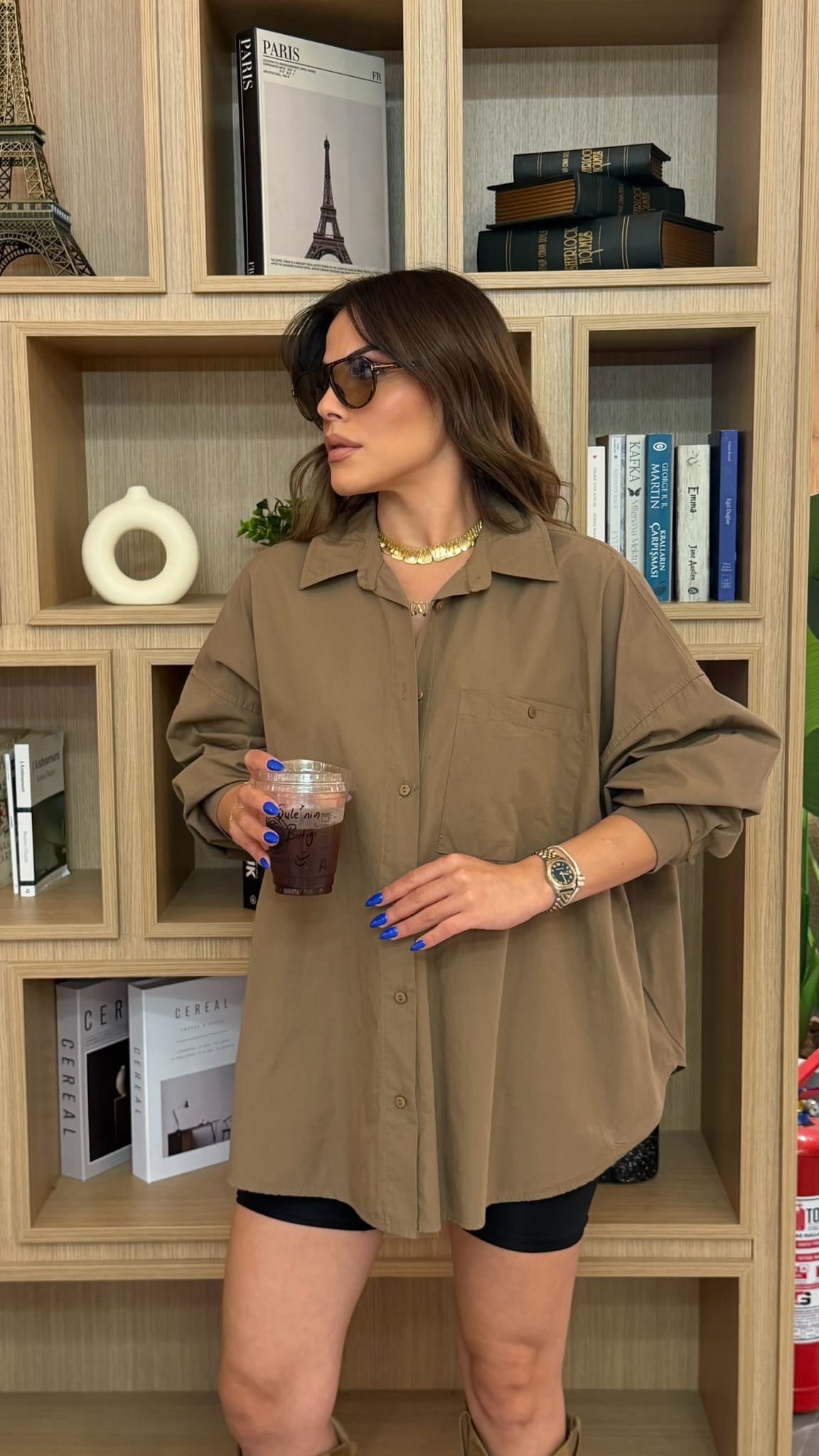 Oversize Cepli Pamuklu Poplin Gömlek Camel