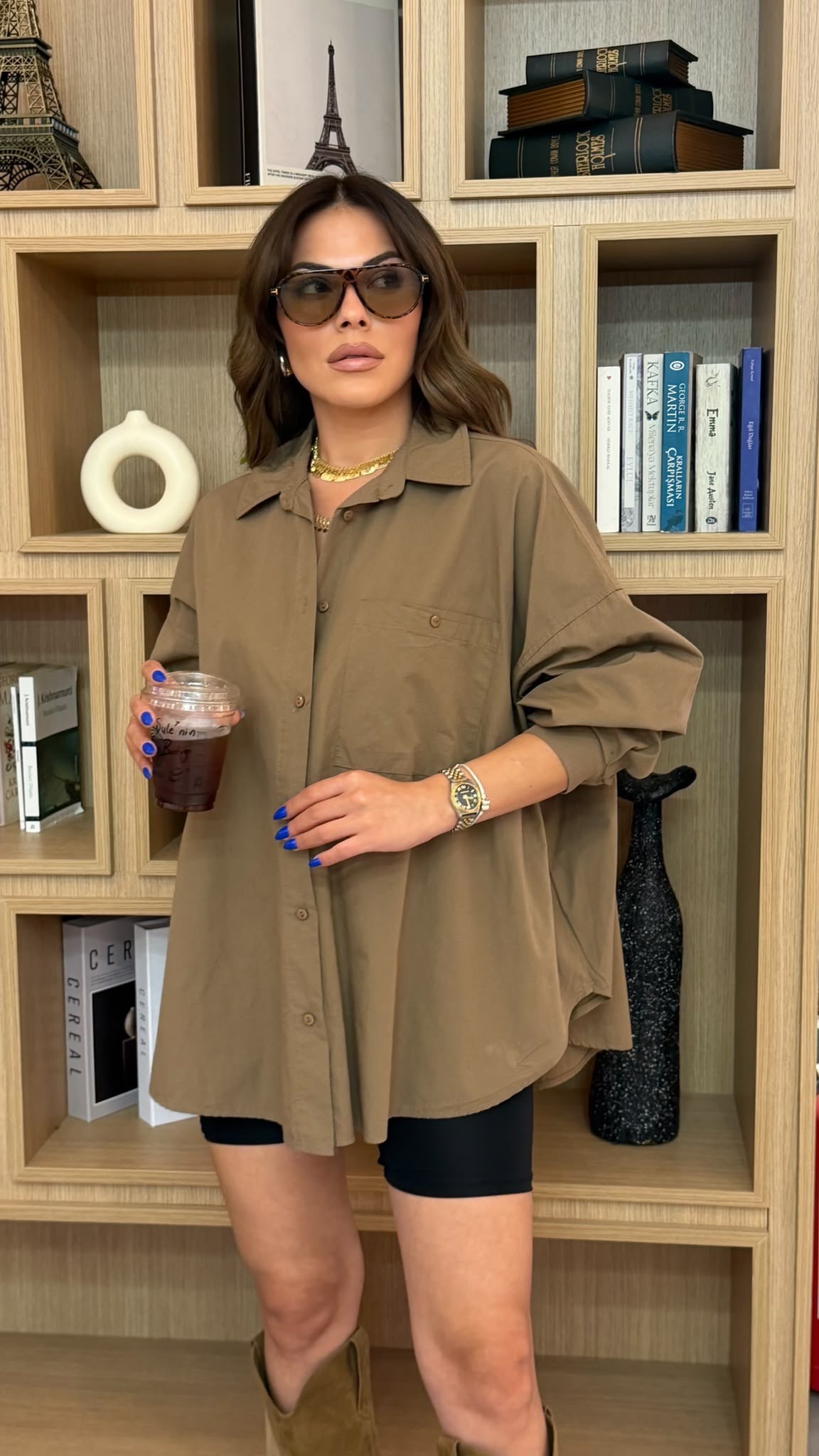 Oversize Cepli Pamuklu Poplin Gömlek Camel