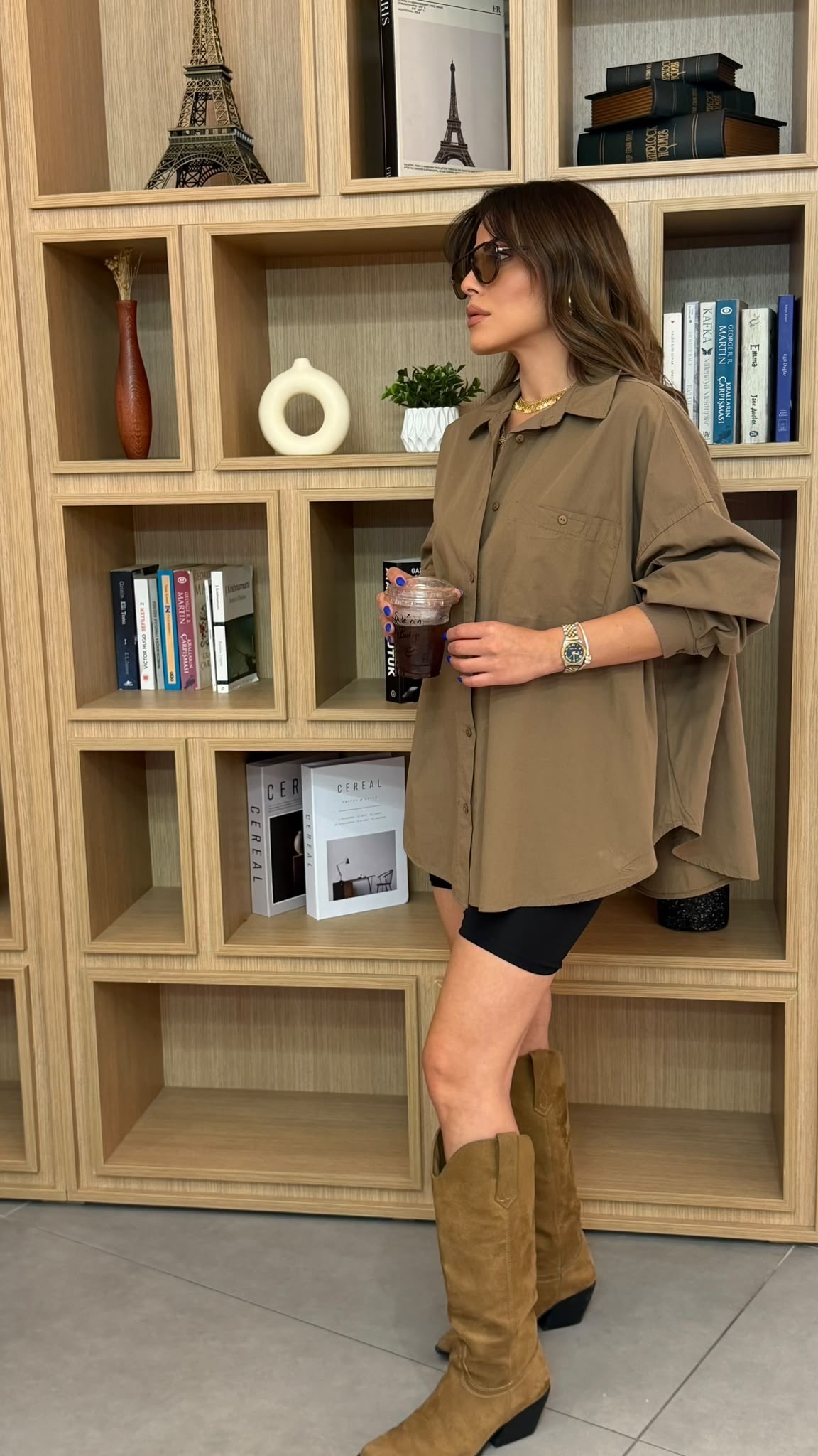 Oversize Cepli Pamuklu Poplin Gömlek Camel