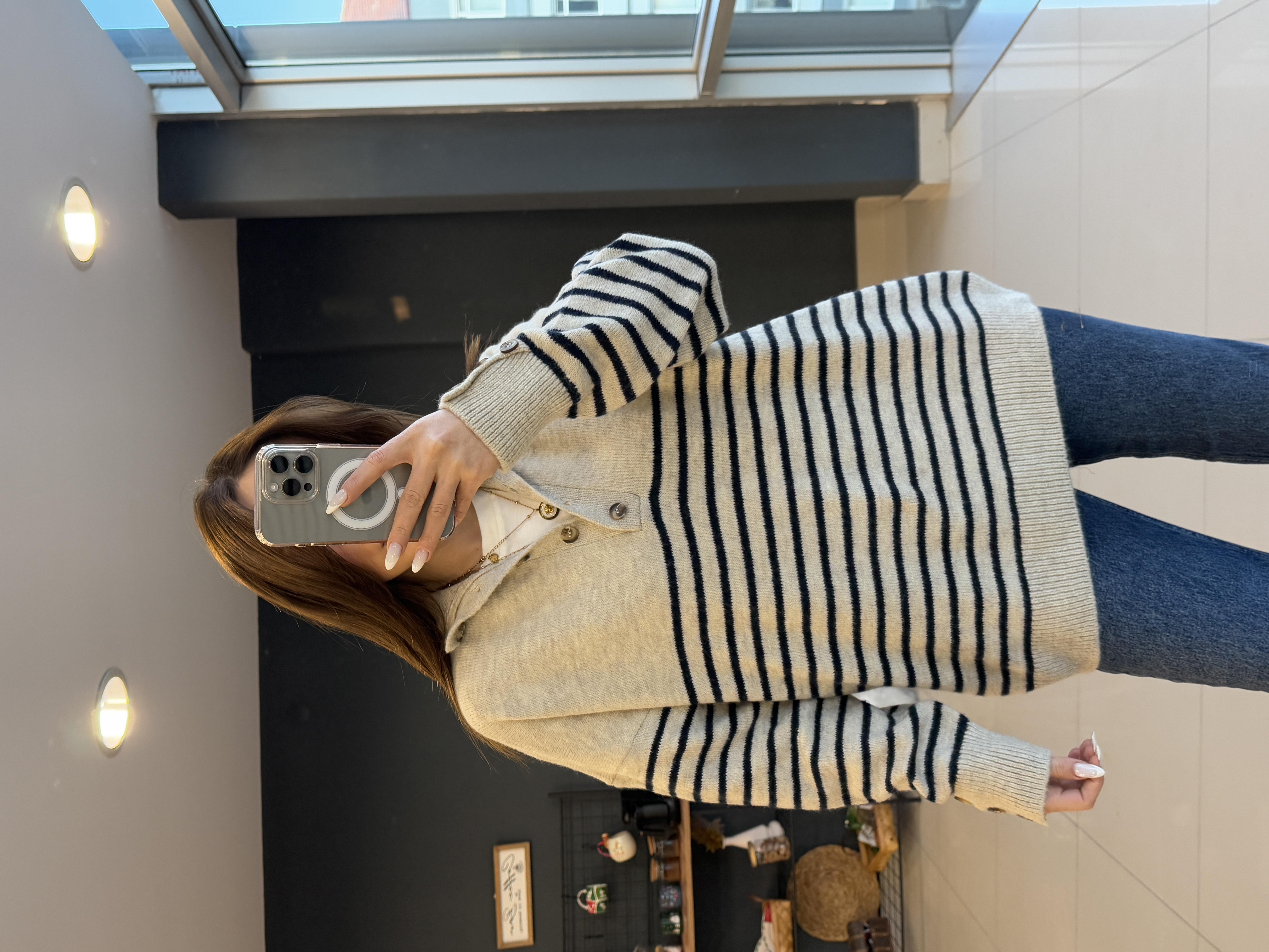 Pamuk Çi̇zgi̇li̇ Düğmeli̇ Kazak