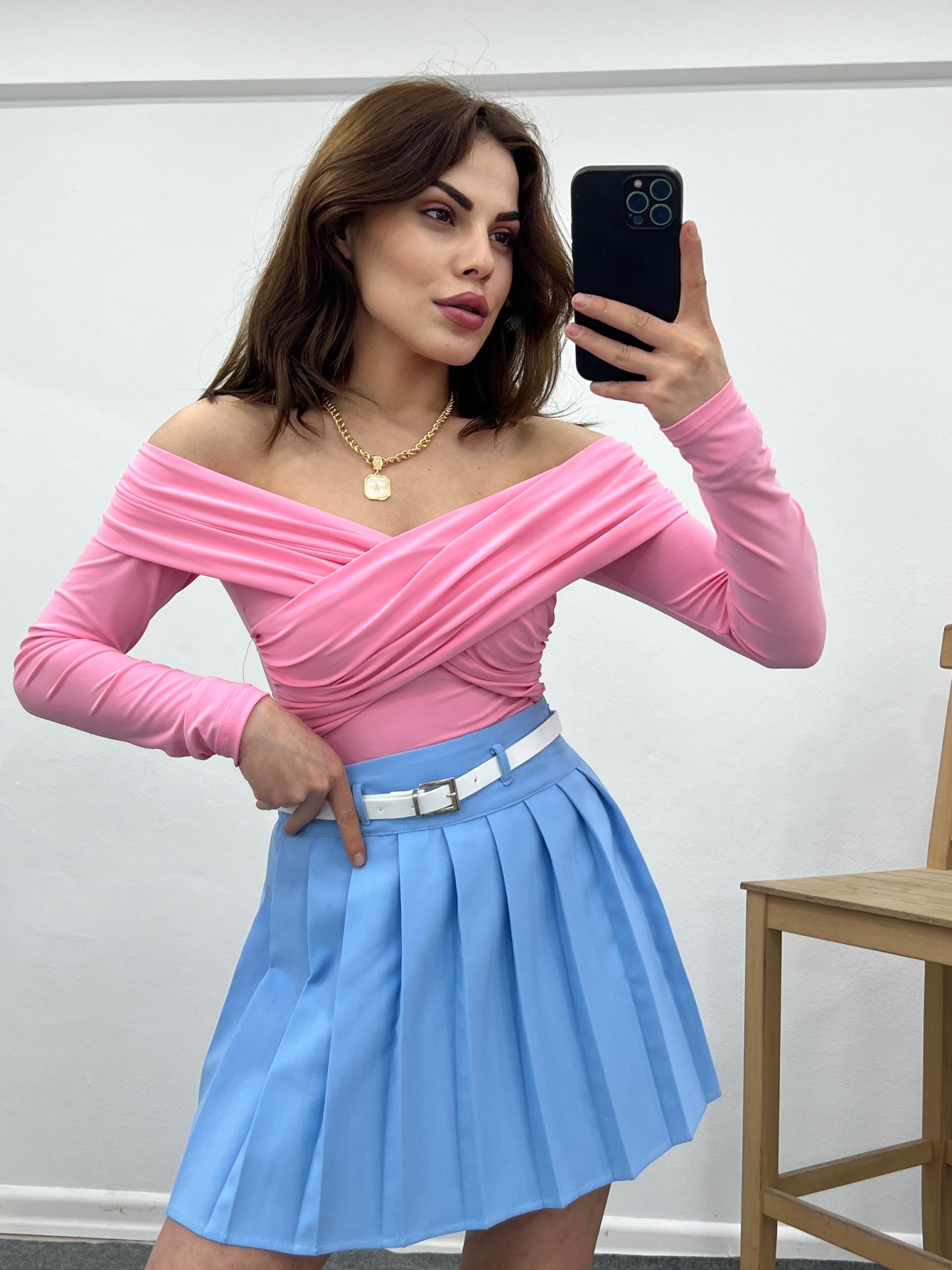 Pembe Degaje Yaka Drape Detaylu Bluz