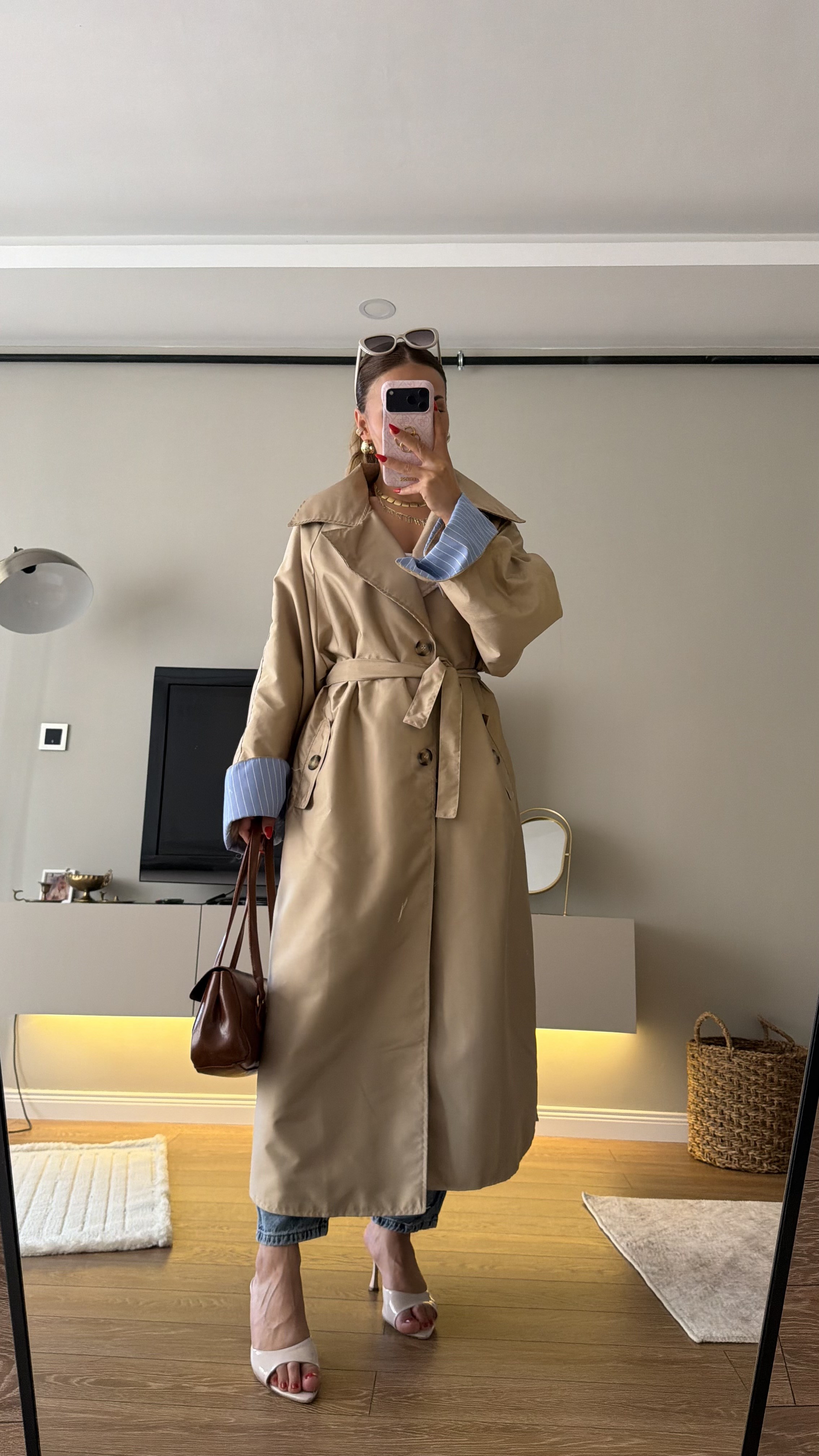 Premium Seri Mavi Çizgili Garni Detaylı Kuşaklı Trençkot