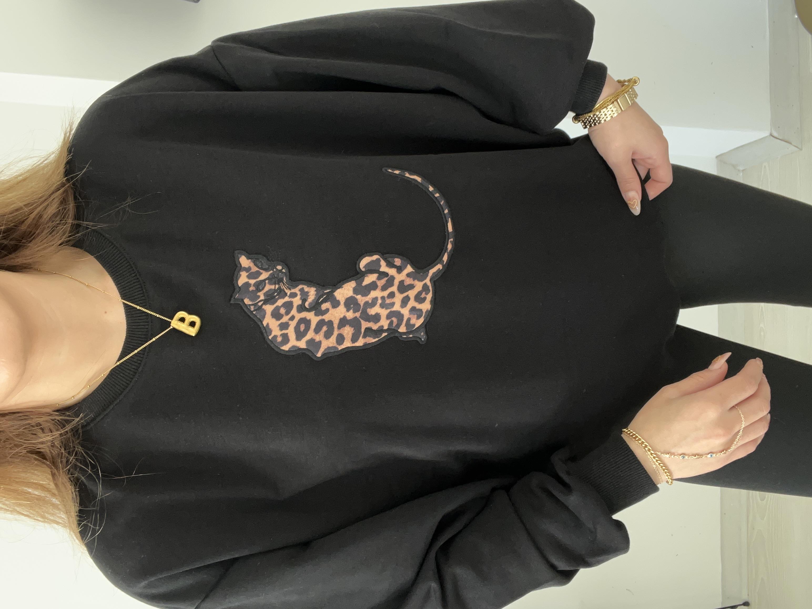 Şardonsuz Oversi̇ze Leopar Detayli Sweat Si̇yah