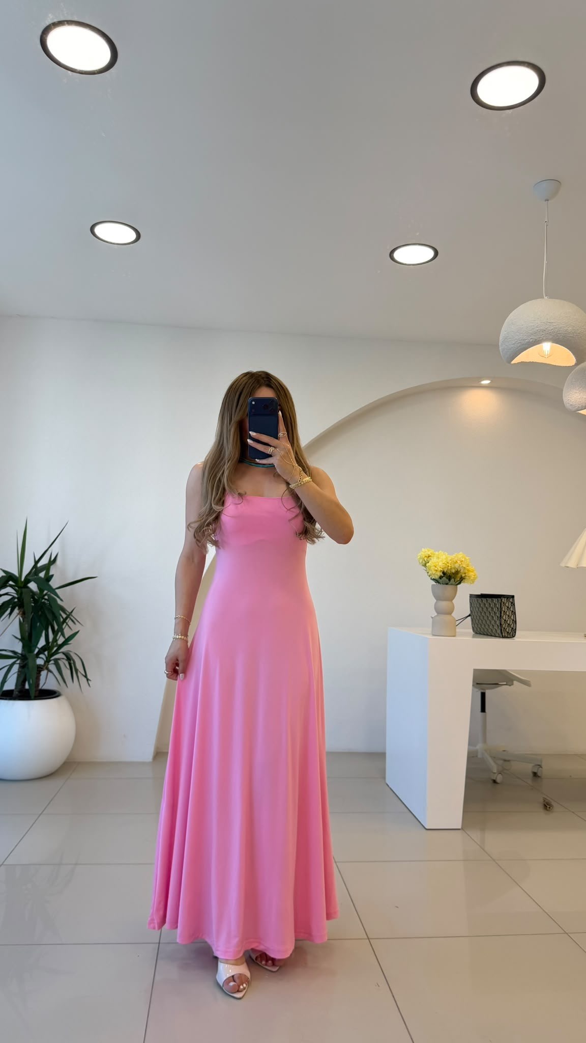 Sırt Dekolteli Askılı Elbise Pembe