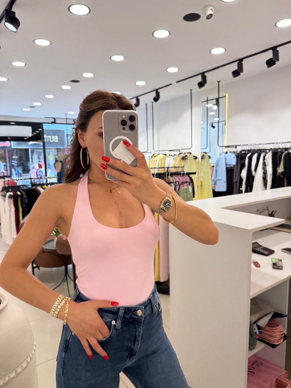 SIRT DEKOLTELİ BLUZ PEMBE