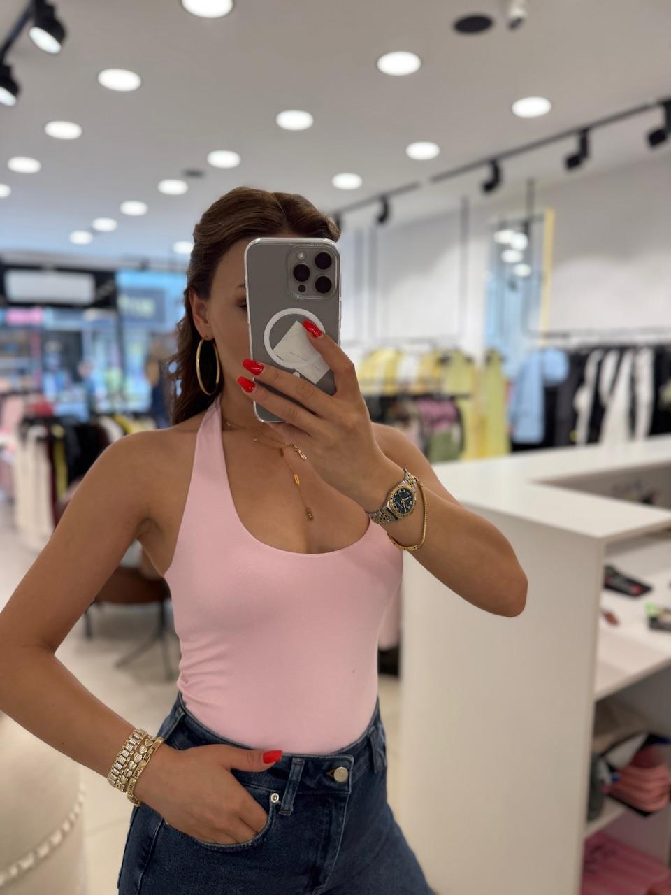 SIRT DEKOLTELİ BLUZ PEMBE