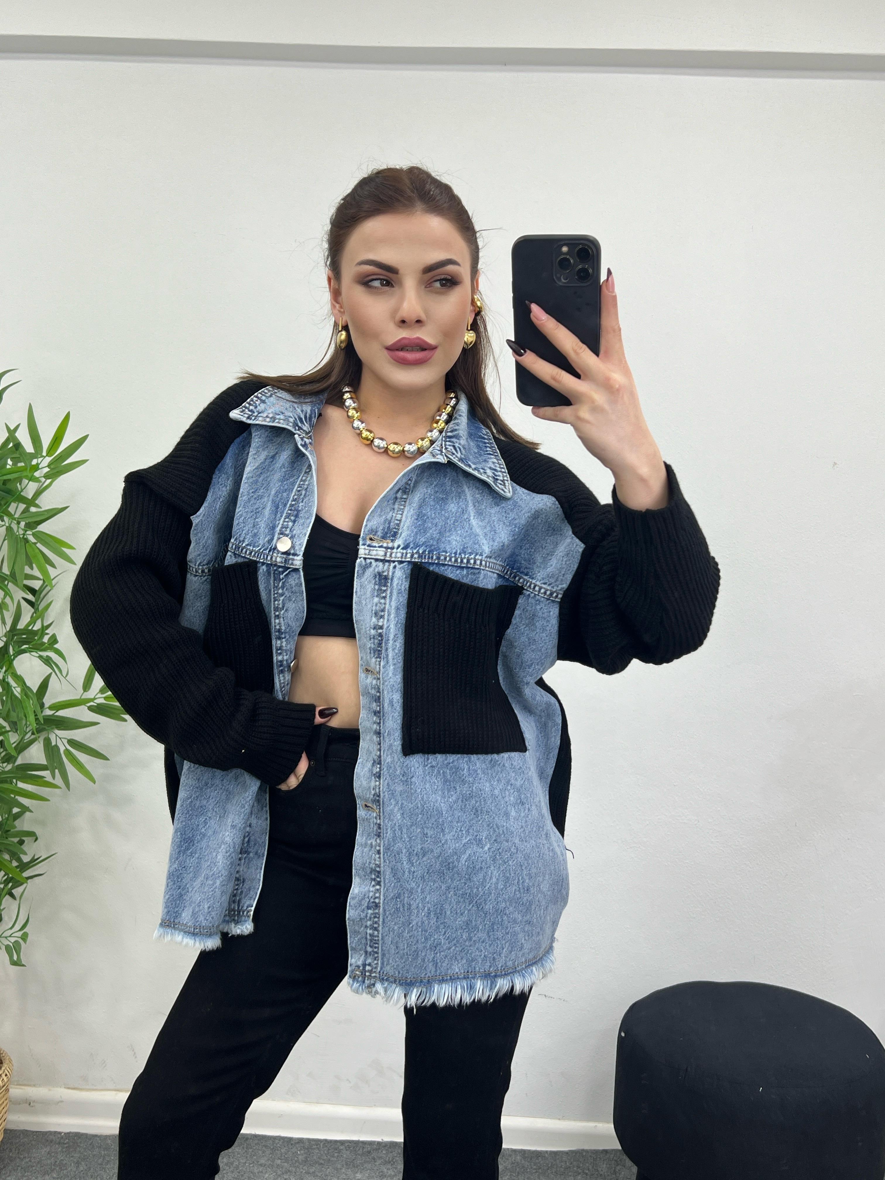 Si̇yah Örme Cepli̇ Püsküllü Jean Hirka
