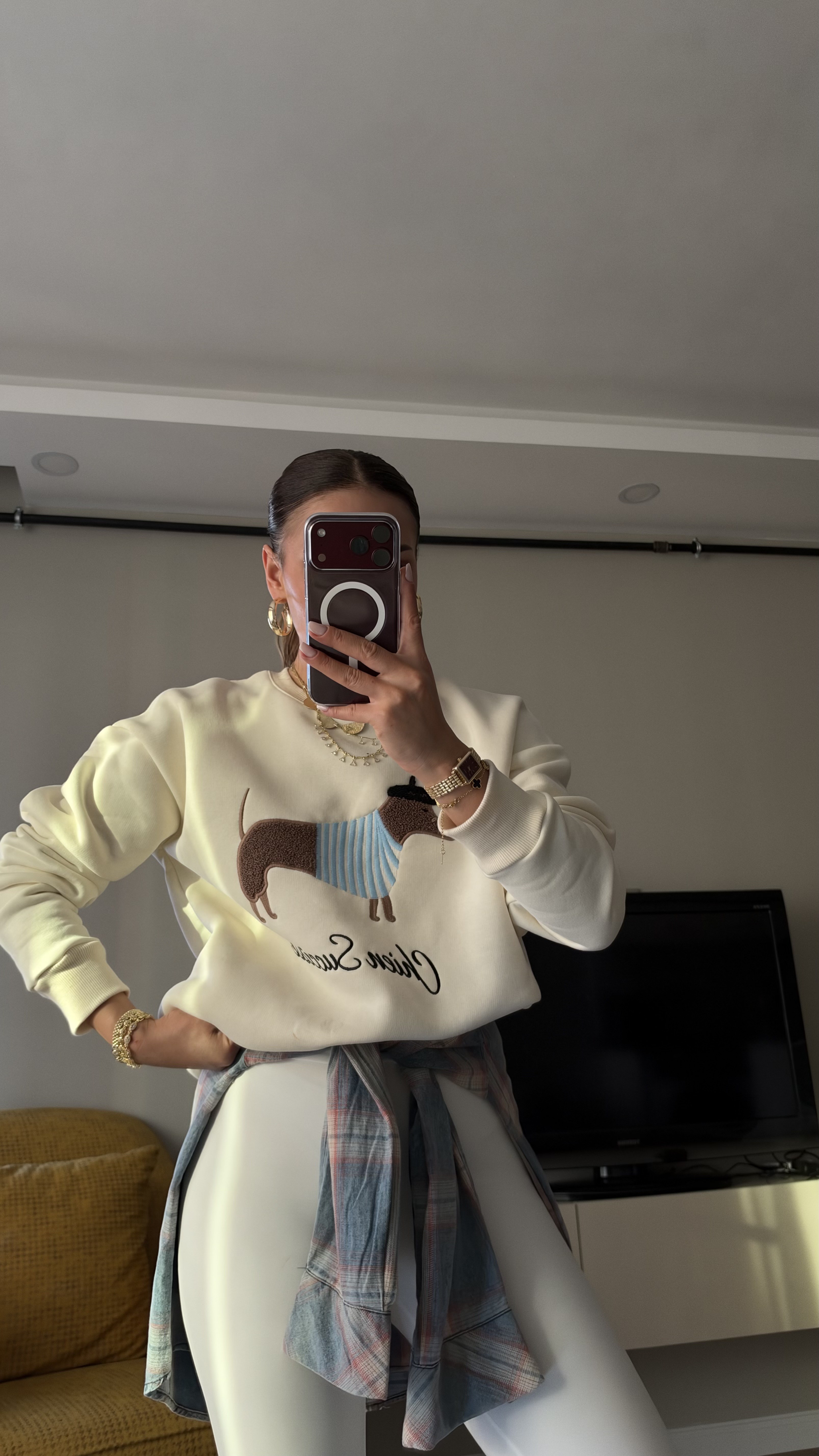 Sosis Köpek nakışlı Ekru Oversize Sweatshırt