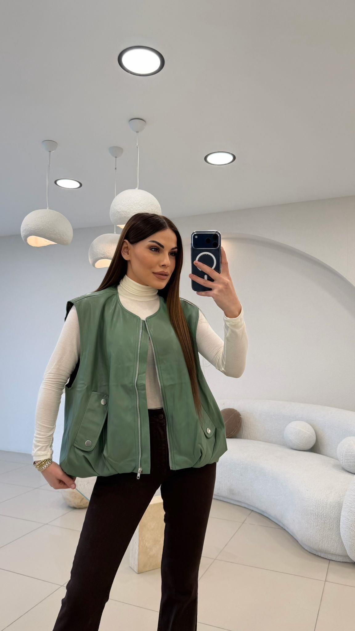 TASARIM ASTARLI DERİ YELEK YEŞİL