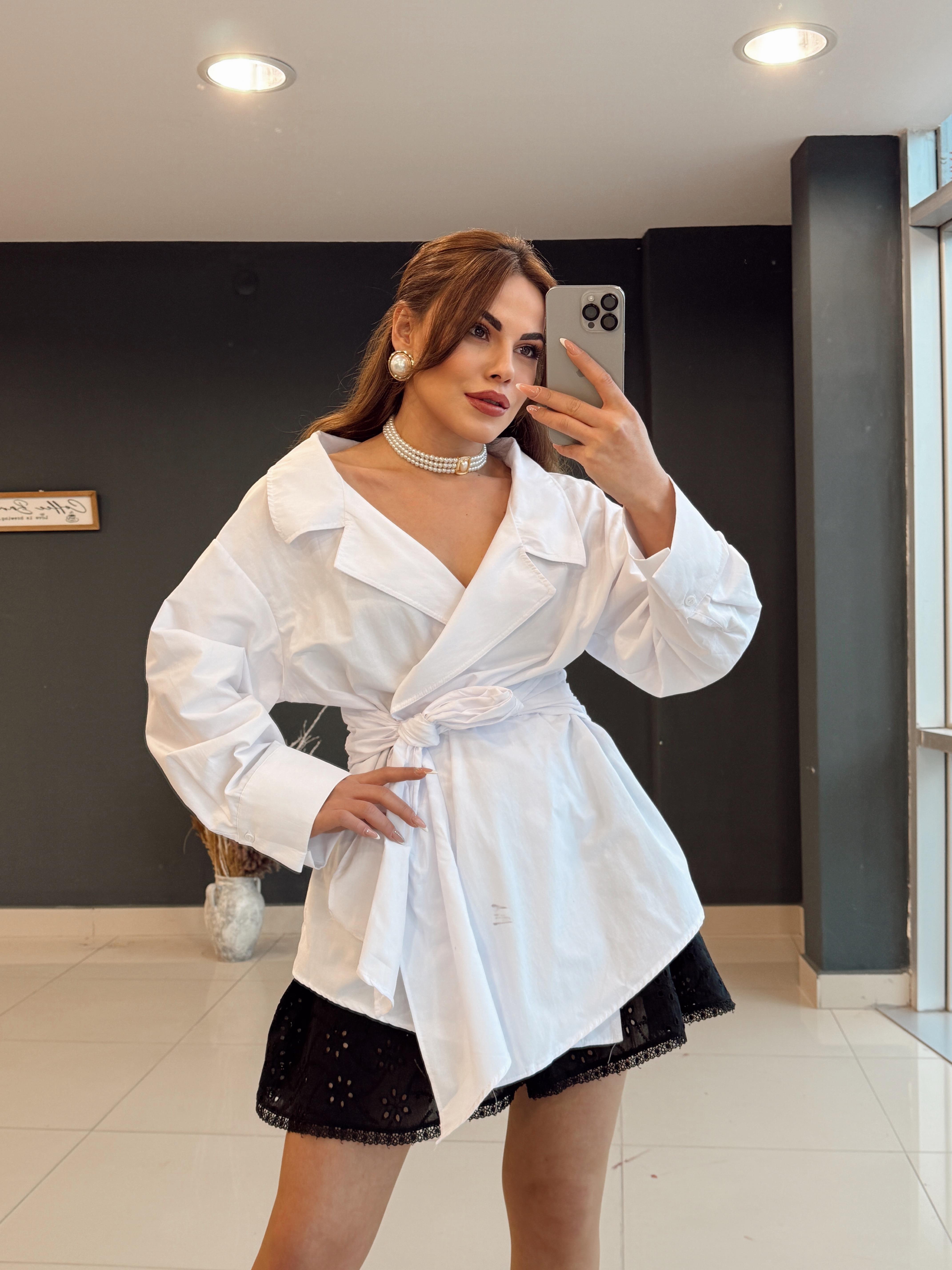 Tasarim Belden Bağlamali Popli̇n Gömlek Beyaz