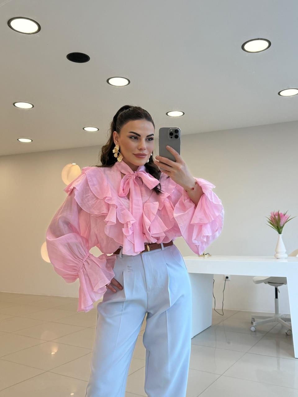 TASARIM FIRFIRLI  GÖMLEK PEMBE