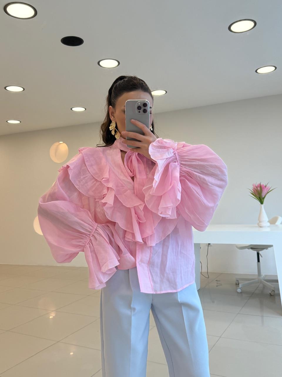 TASARIM FIRFIRLI  GÖMLEK PEMBE