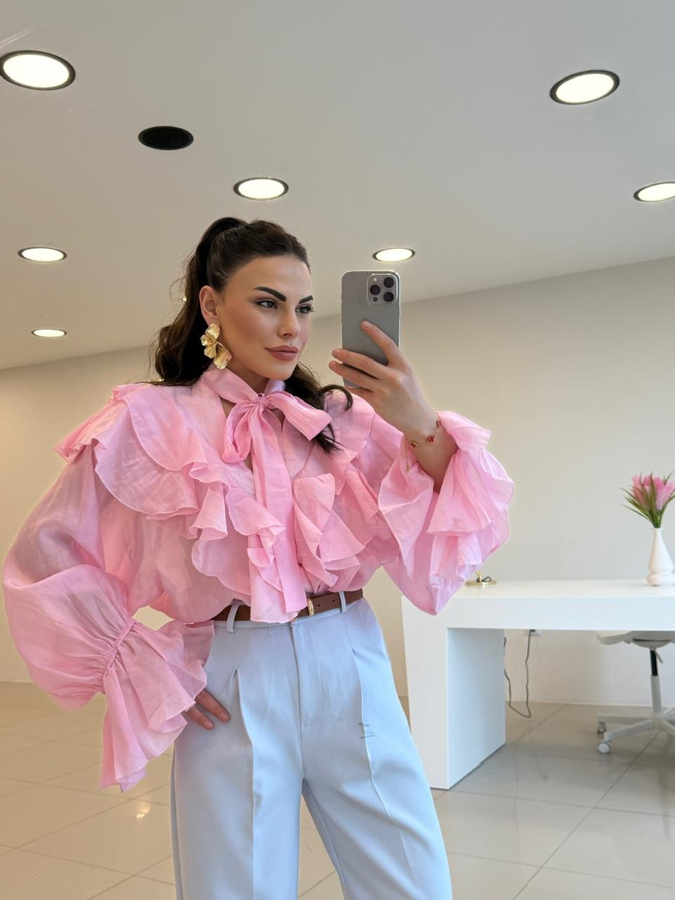 TASARIM FIRFIRLI  GÖMLEK PEMBE