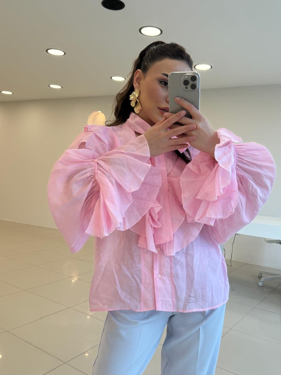 TASARIM FIRFIRLI  GÖMLEK PEMBE