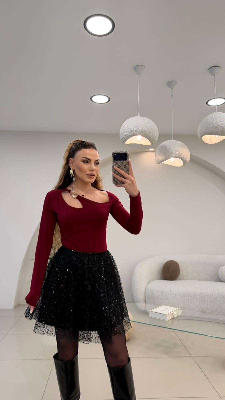 TASARIM GOLD AKSESUAR DETAYLI BLUZ  BORDO