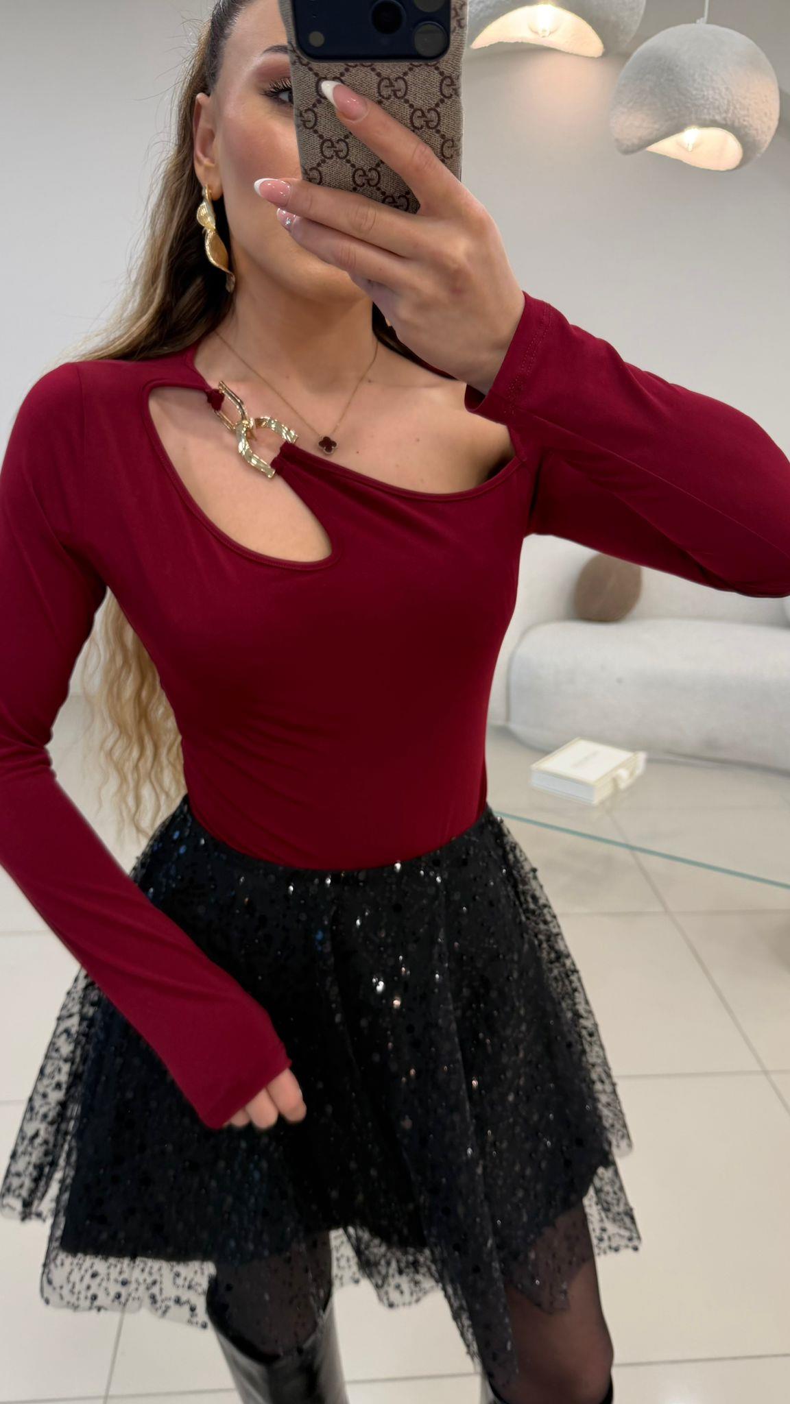 TASARIM GOLD AKSESUAR DETAYLI BLUZ  BORDO