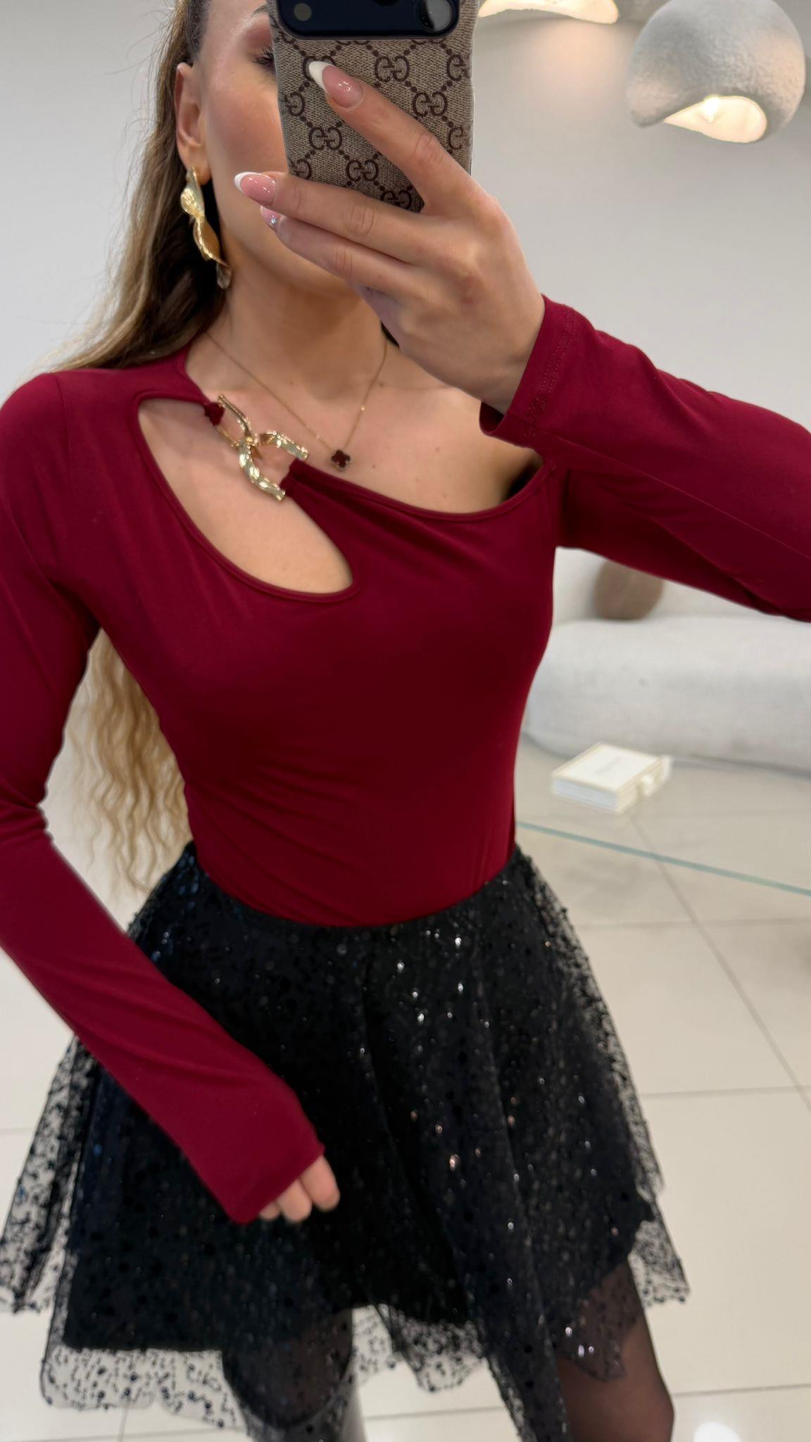 TASARIM GOLD AKSESUAR DETAYLI BLUZ  BORDO