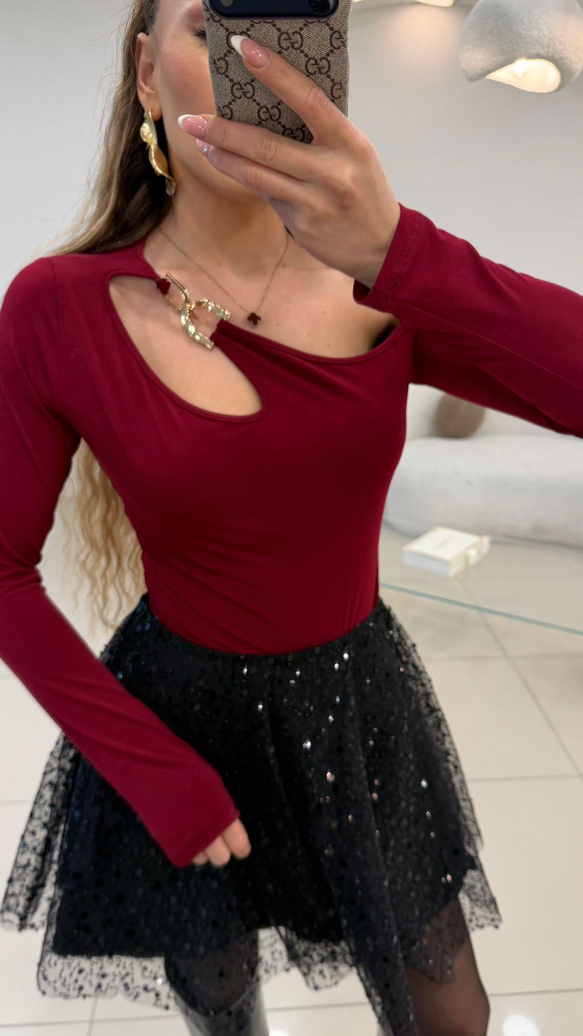 TASARIM GOLD AKSESUAR DETAYLI BLUZ  BORDO
