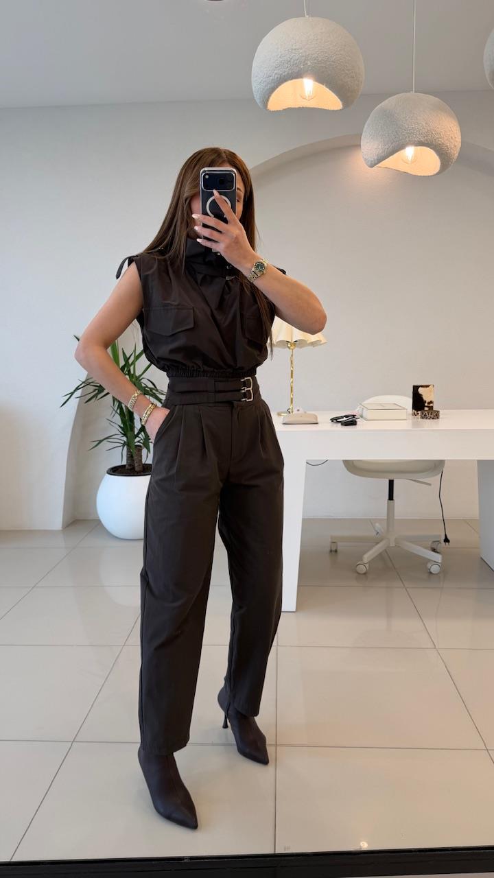 TASARIM İKİLİ DEGAJE YAKA TAKIM KAHVE 