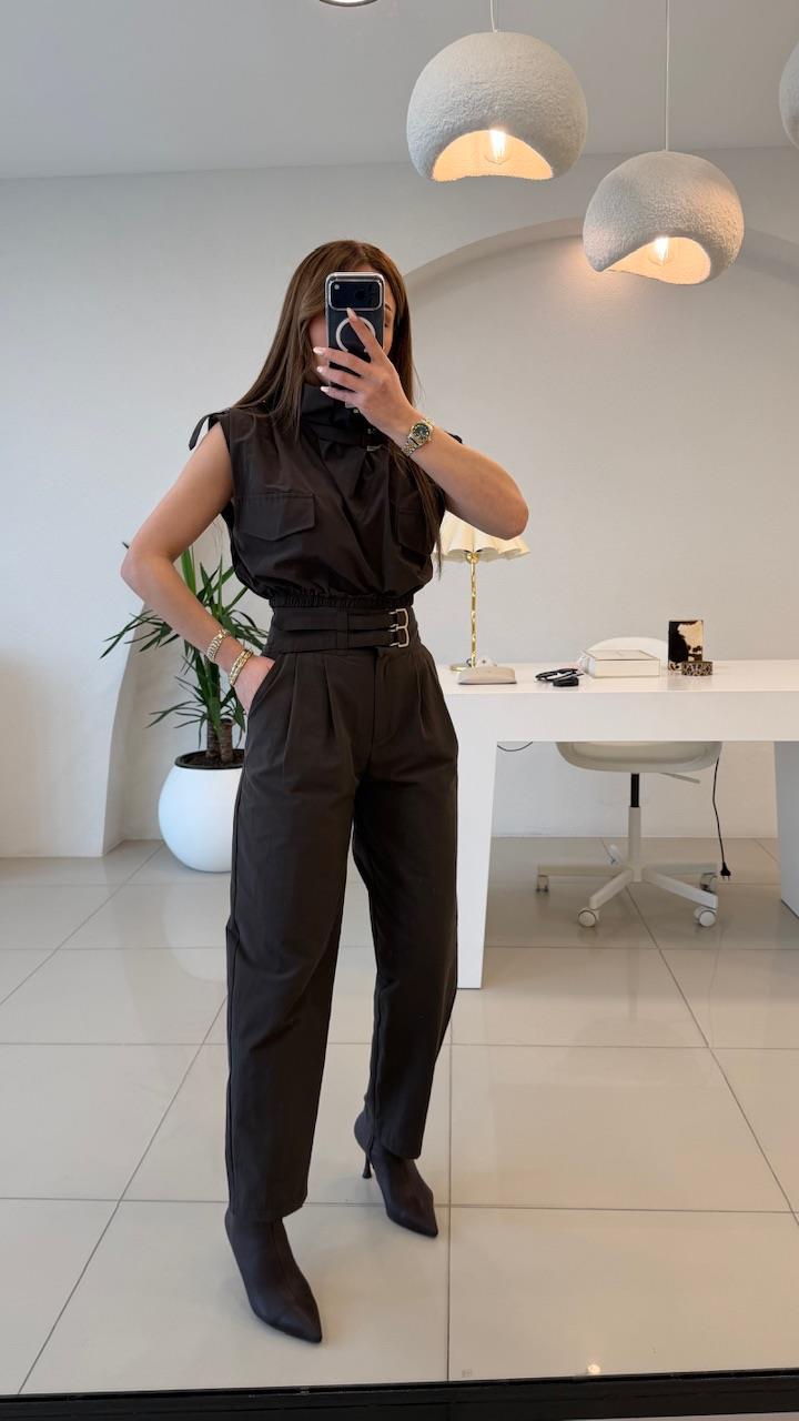 TASARIM İKİLİ DEGAJE YAKA TAKIM KAHVE 