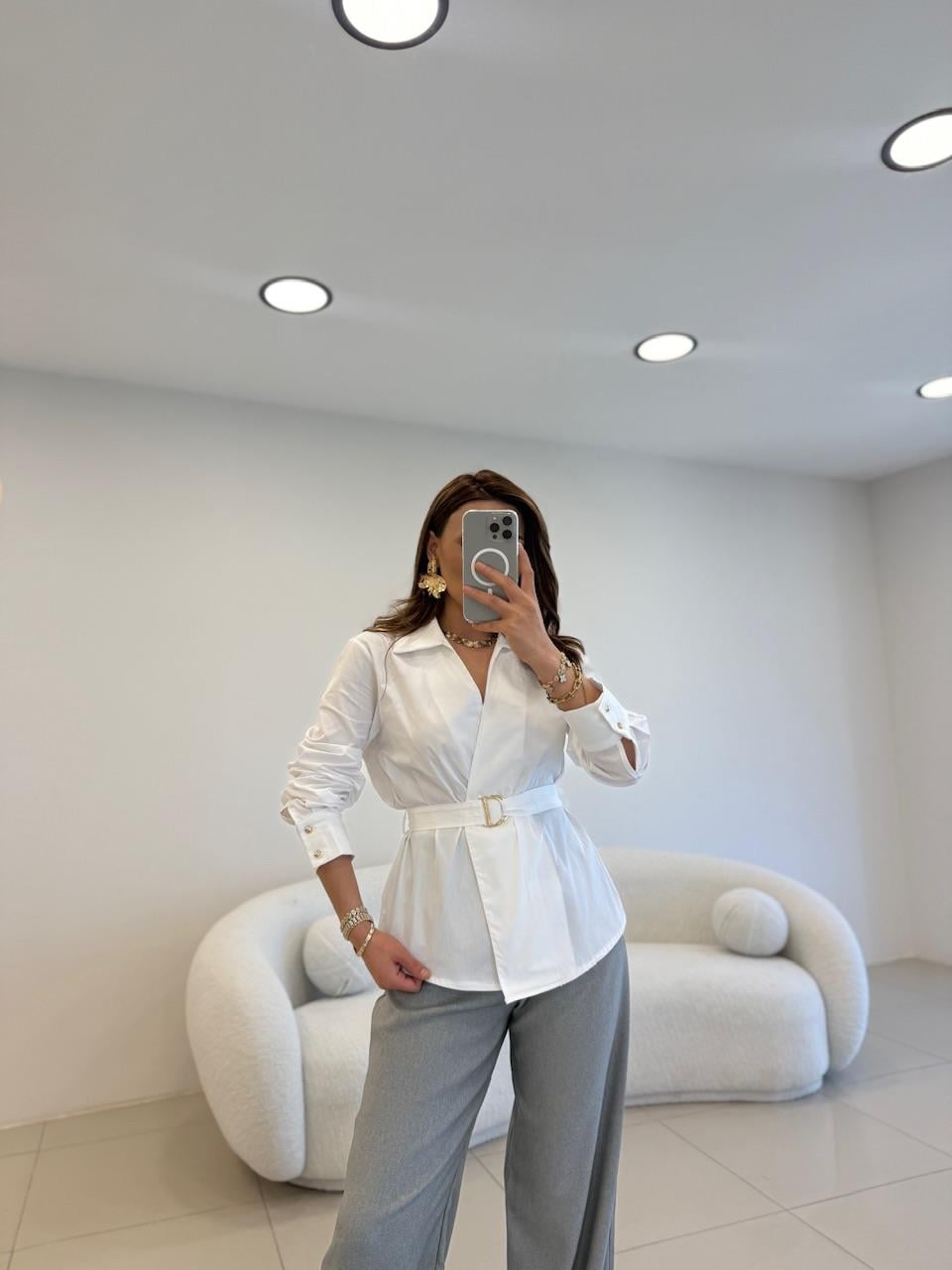 TASARIM KEMERLİ POPLİN GÖMLEK BEYAZ