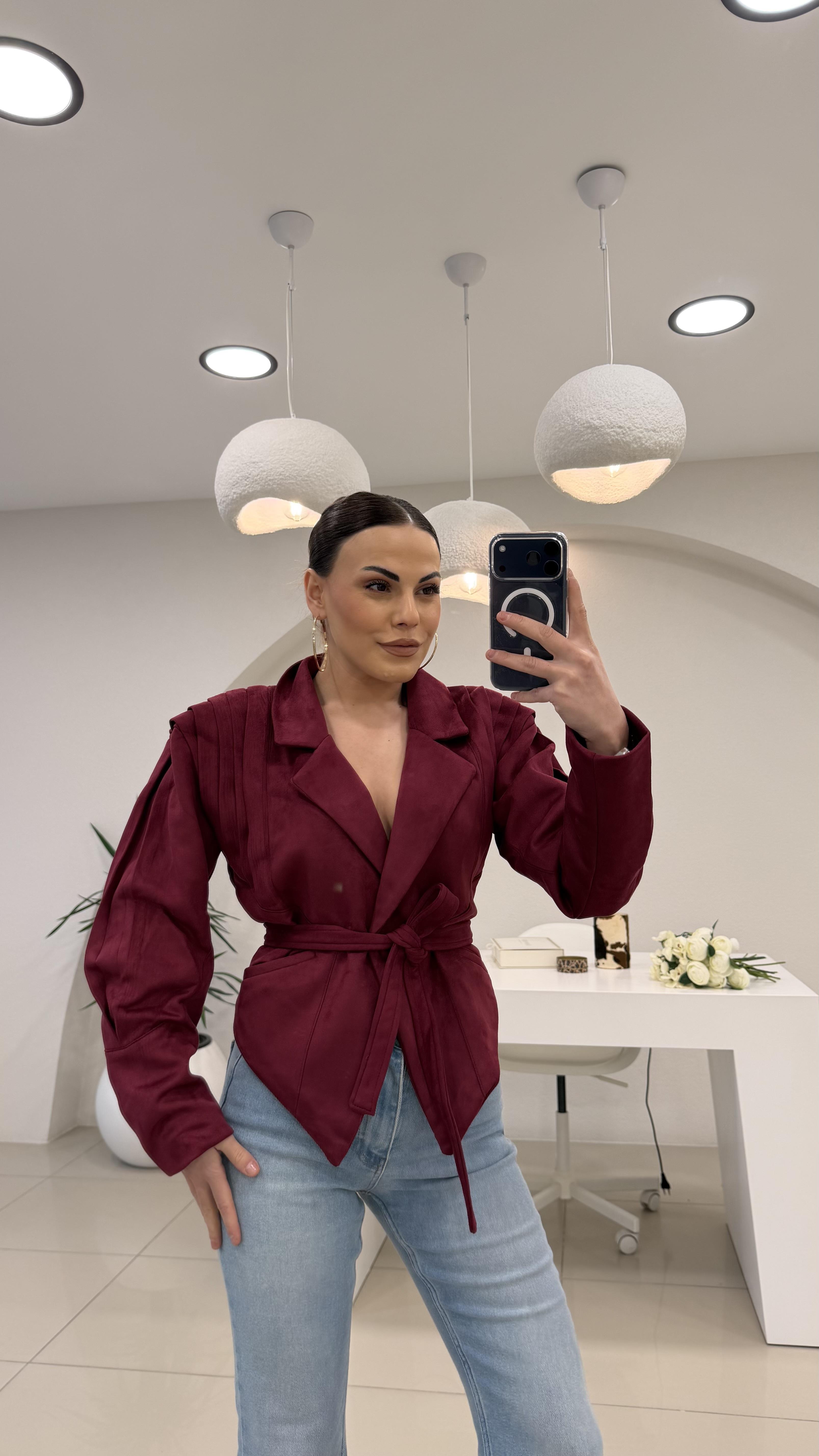 Tasarim Kemerli̇ Süet Bordo  Ceket 