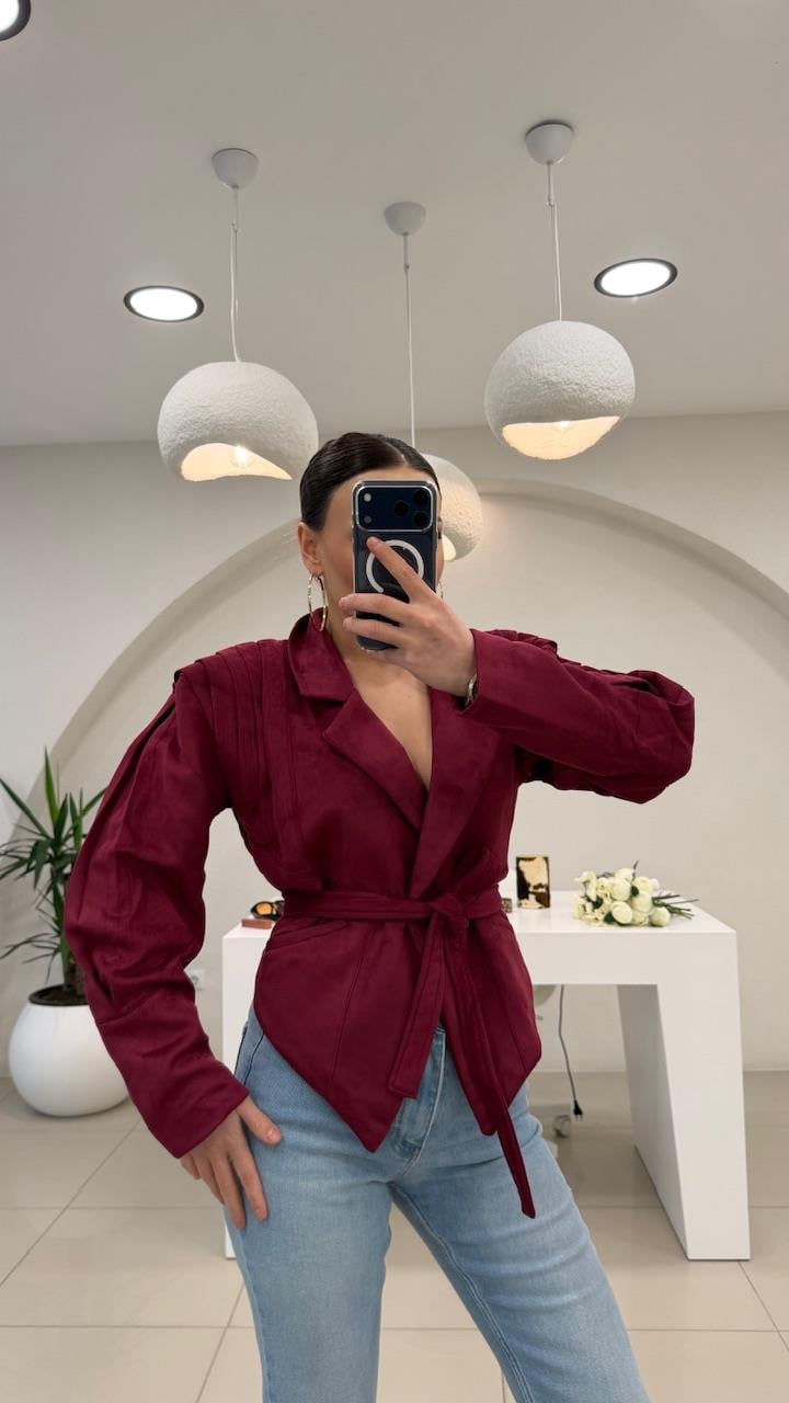 Tasarim Kemerli̇ Süet Bordo  Ceket 