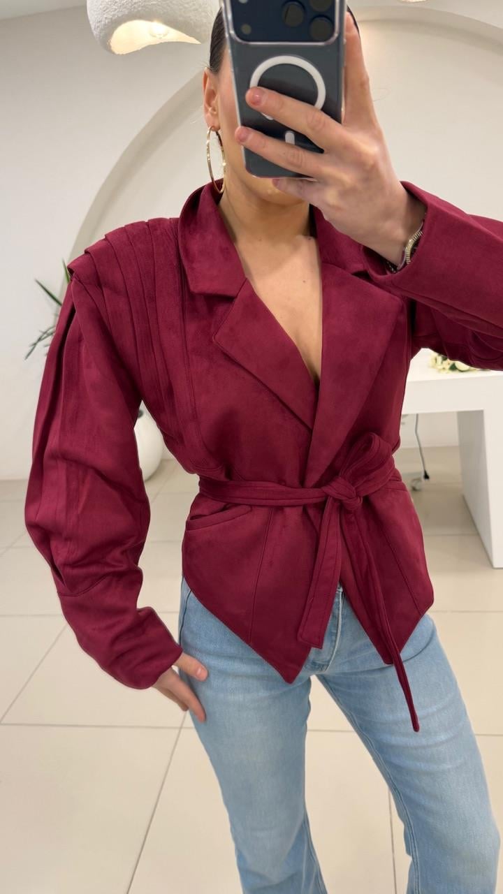 Tasarim Kemerli̇ Süet Bordo  Ceket 